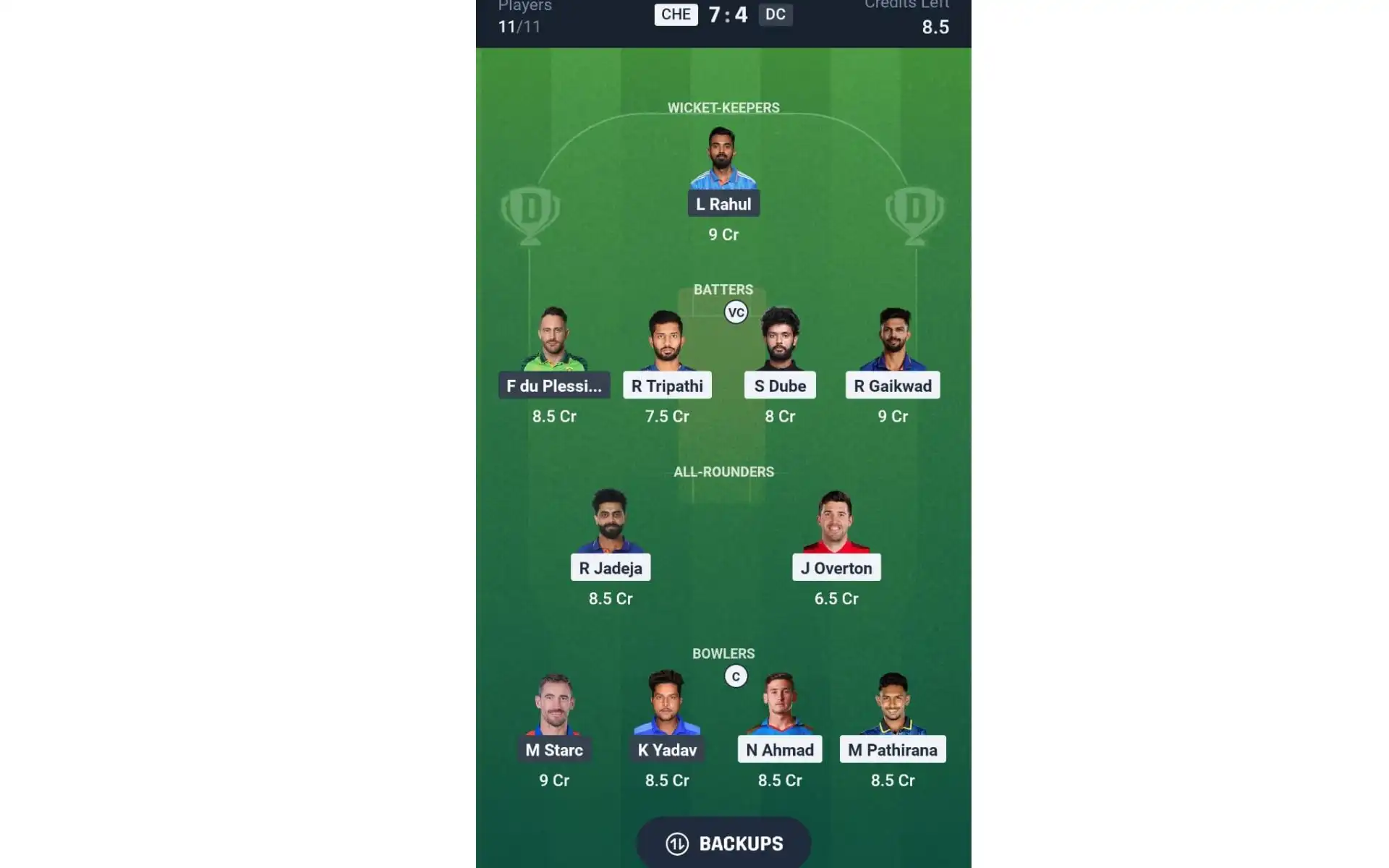 CSK vs DC, Match 17: Dream11 Team 1 [Source: @Dream11 App]