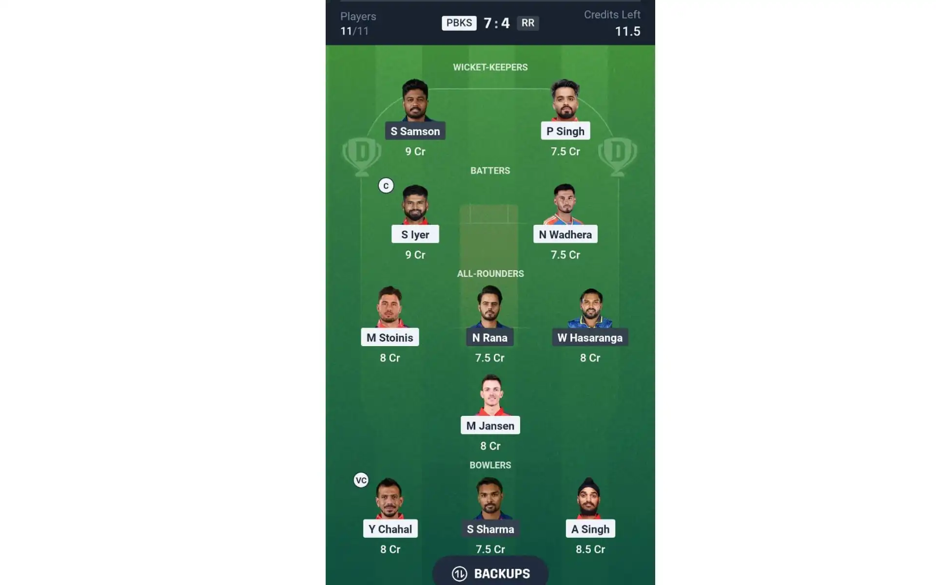 PBKS vs RR, IPL 2025: Dream11 Team 1 [Source: @Dream11 App]
