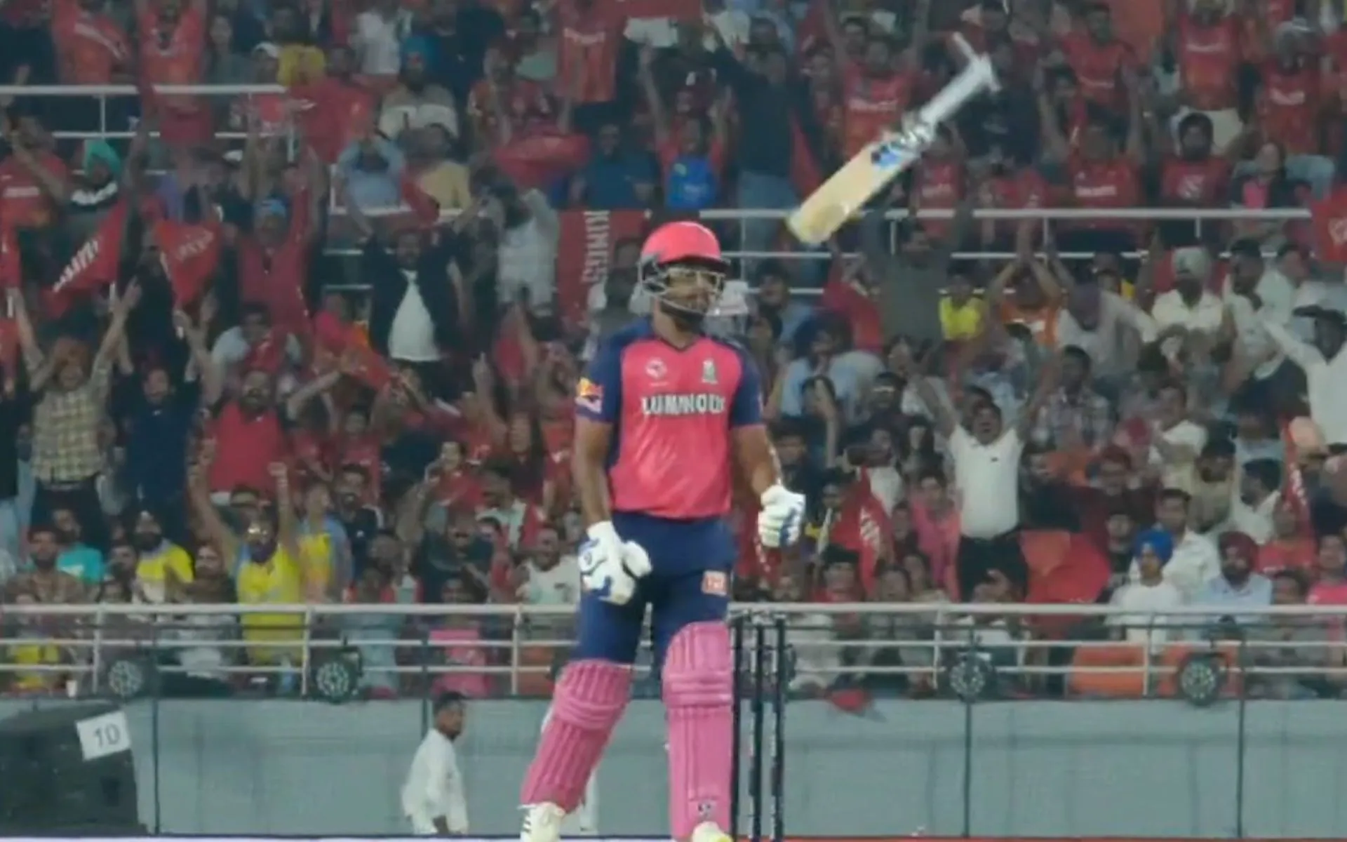 Sanju throws bat in the air [Source: @sportsmeena/X.com]
