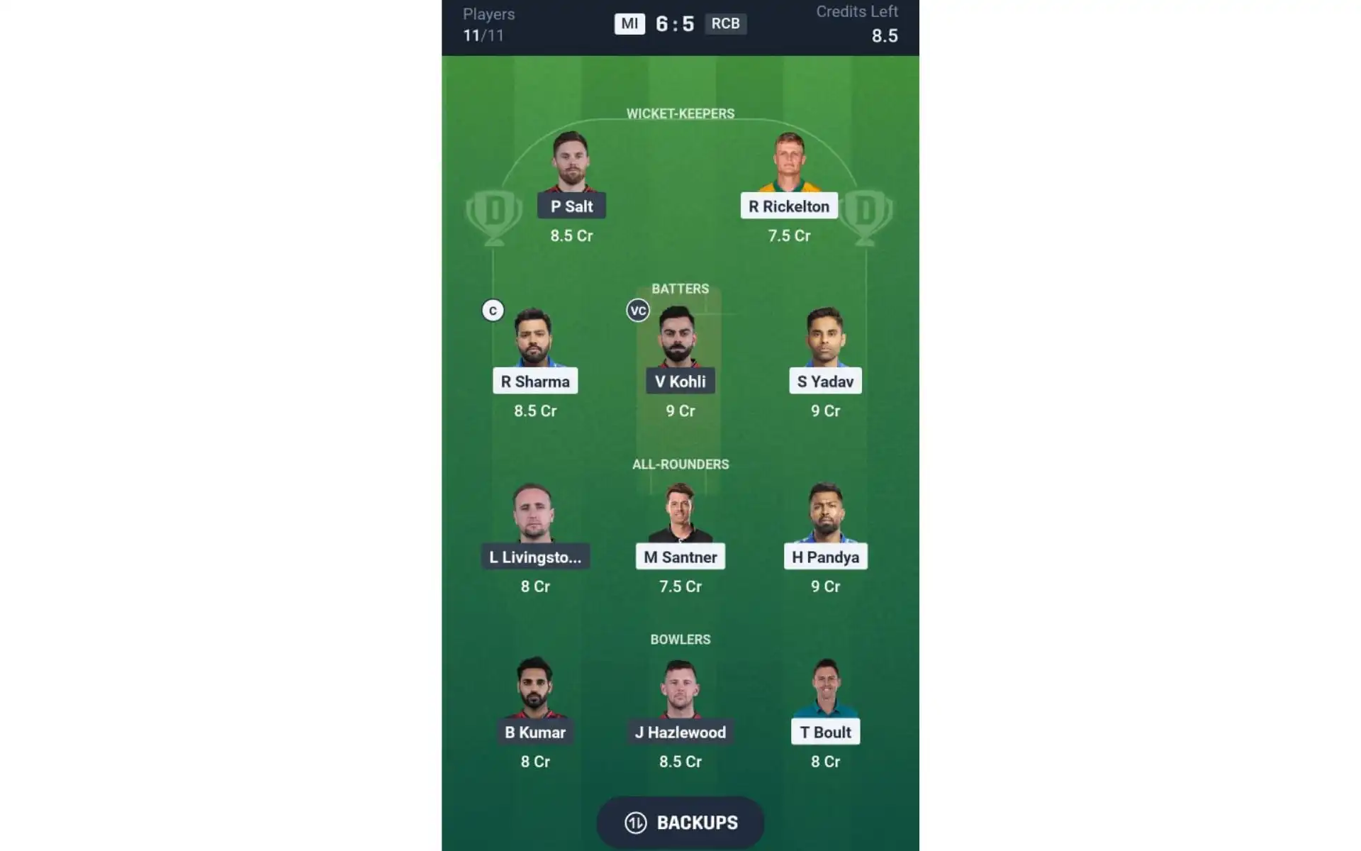 MI vs RCB, IPL 2025: Dream11 Team 2 [Source: @Dream11 App]