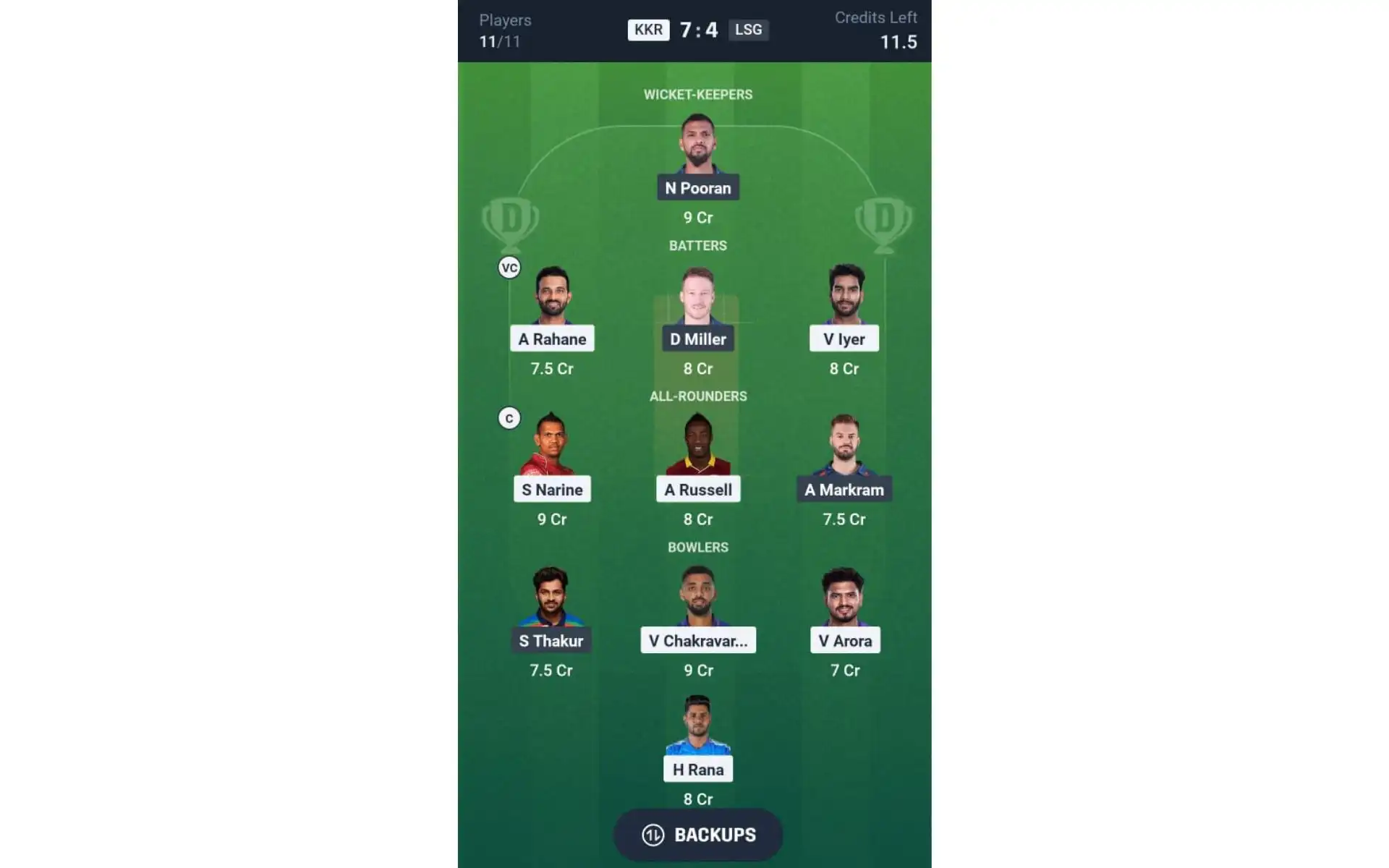 KKR vs LSG, IPL 2025: Dream11 Team 1 [Source: @Dream11 App]