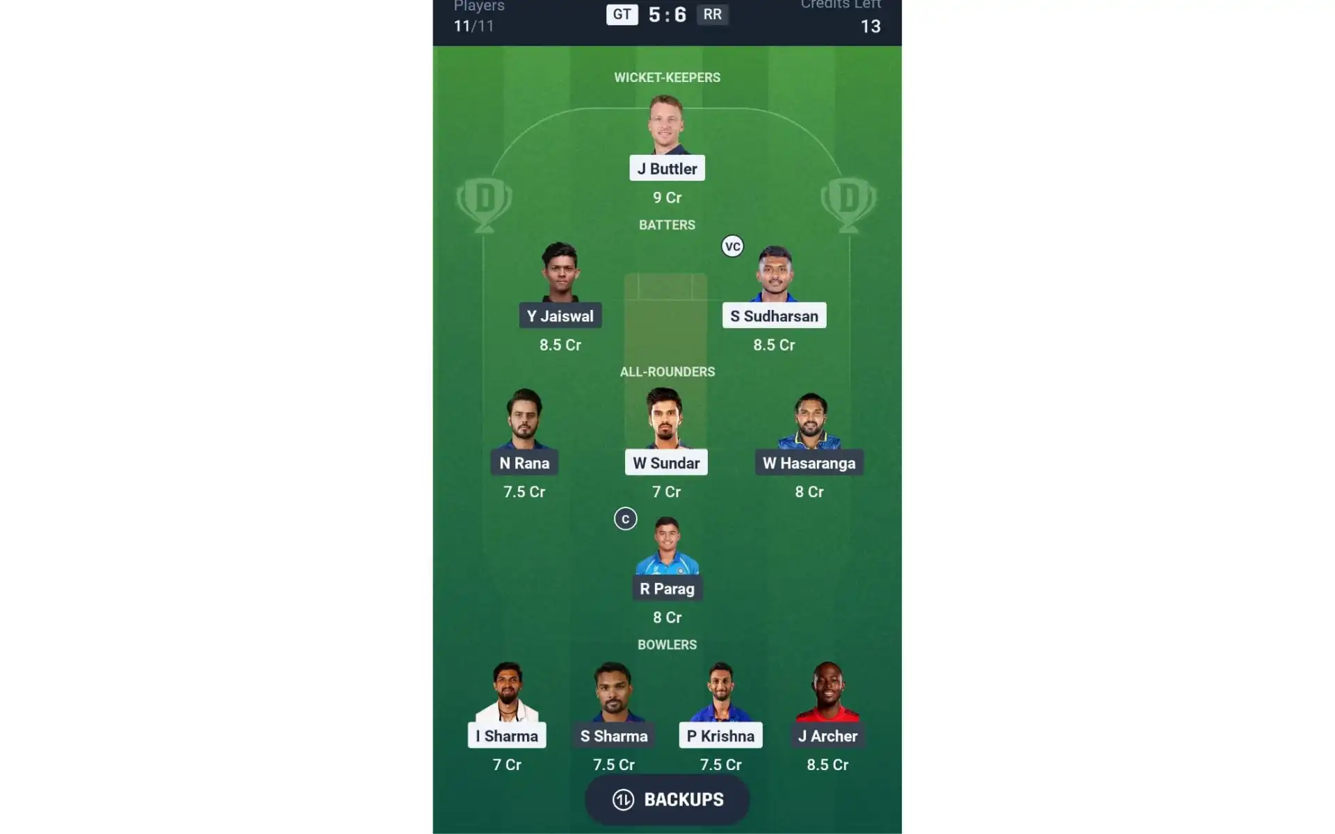 GT vs RR, IPL 2025: Dream11 Team 2 [Source: @Dream11 App]