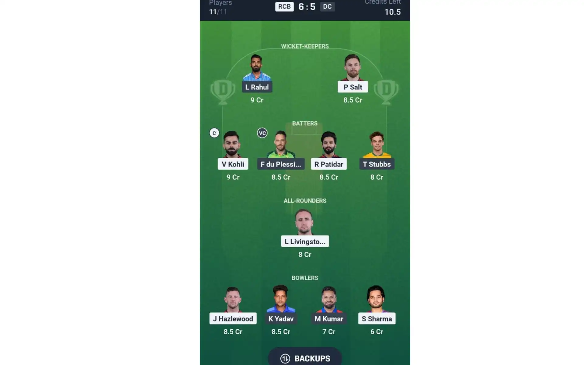 RCB vs DC, IPL 2025: Dream11 Team 1 [Source: @Dream11 App]