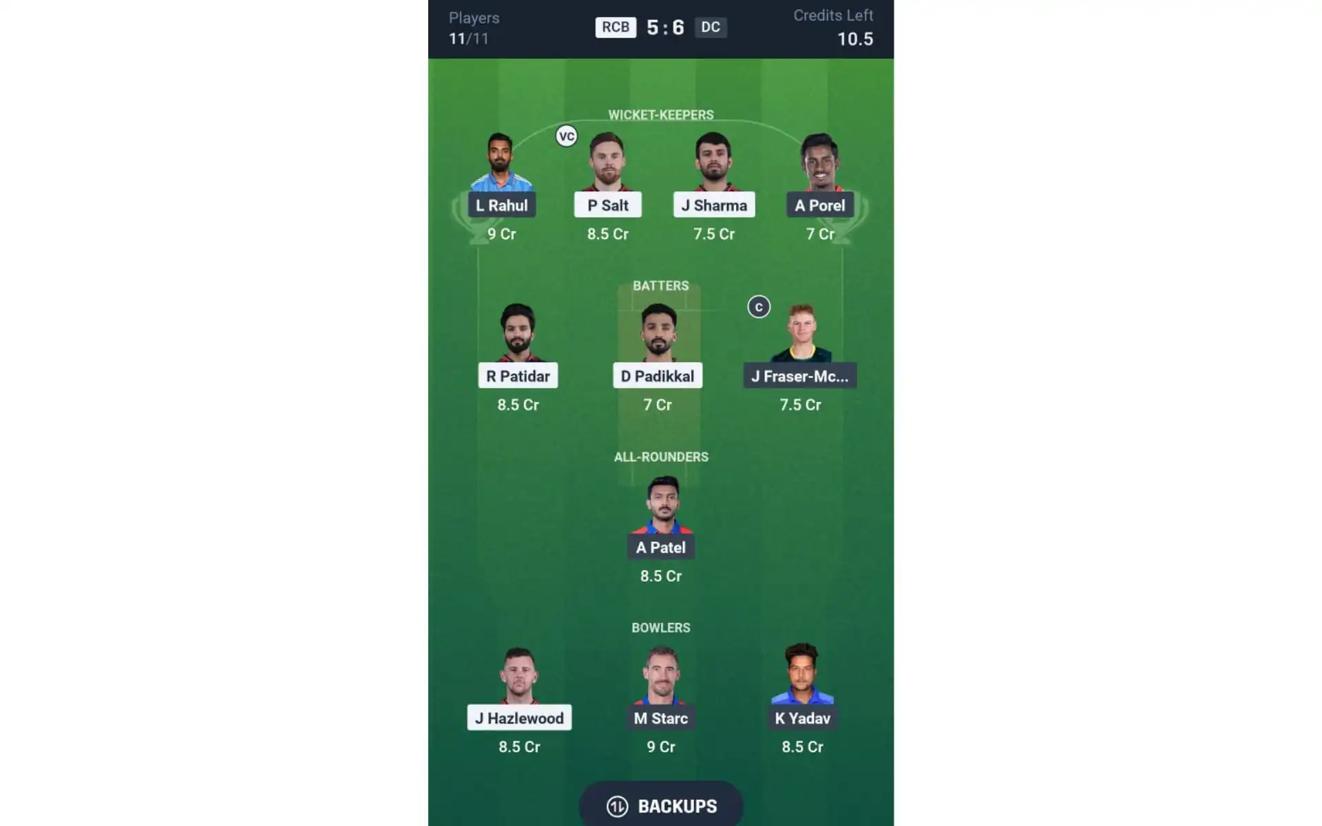 RCB vs DC, IPL 2025: Dream11 Team 2 [Source: @Dream11 App]