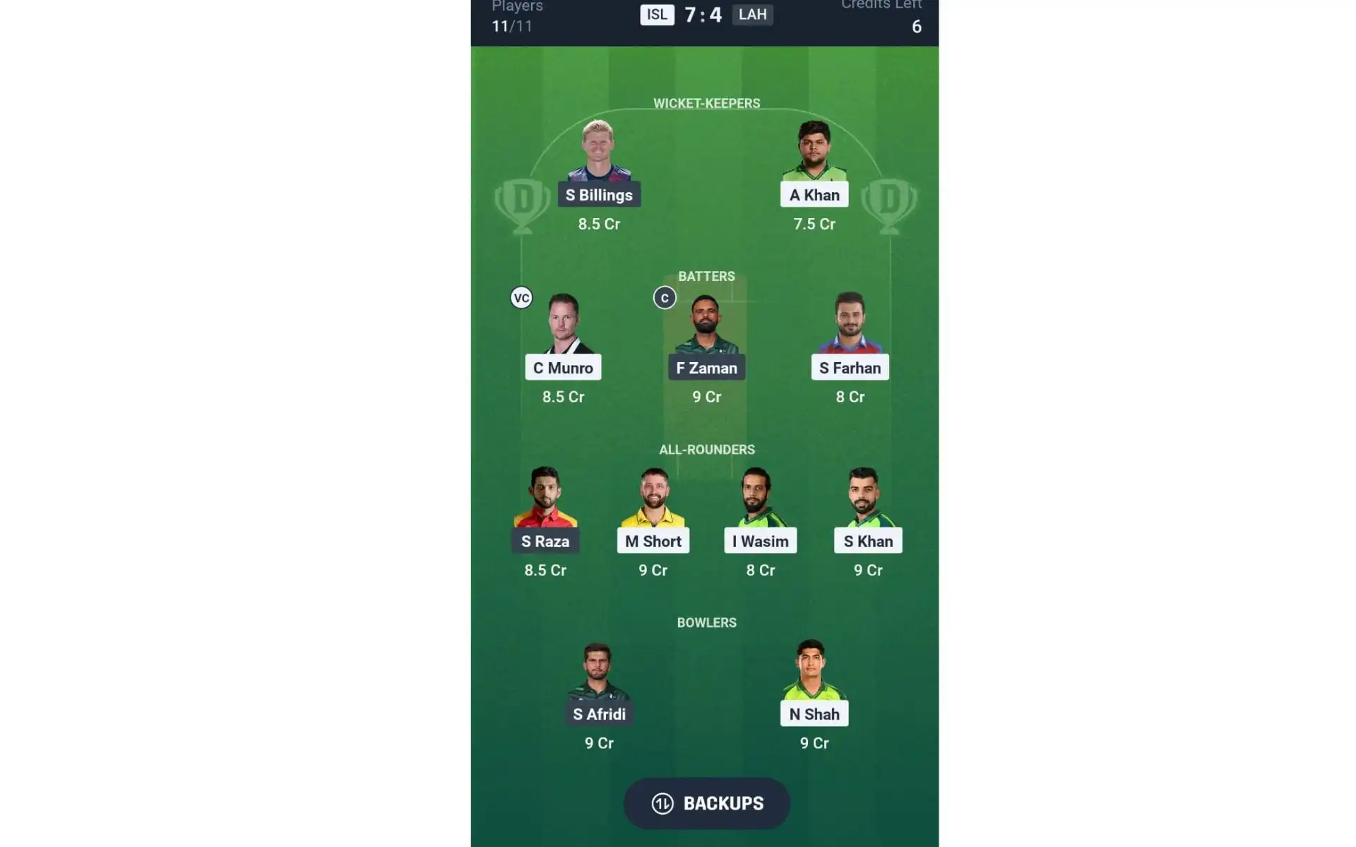 ISL vs LAH, PSL 2025: Dream11 Team 1 [Source: @Dream11 App]