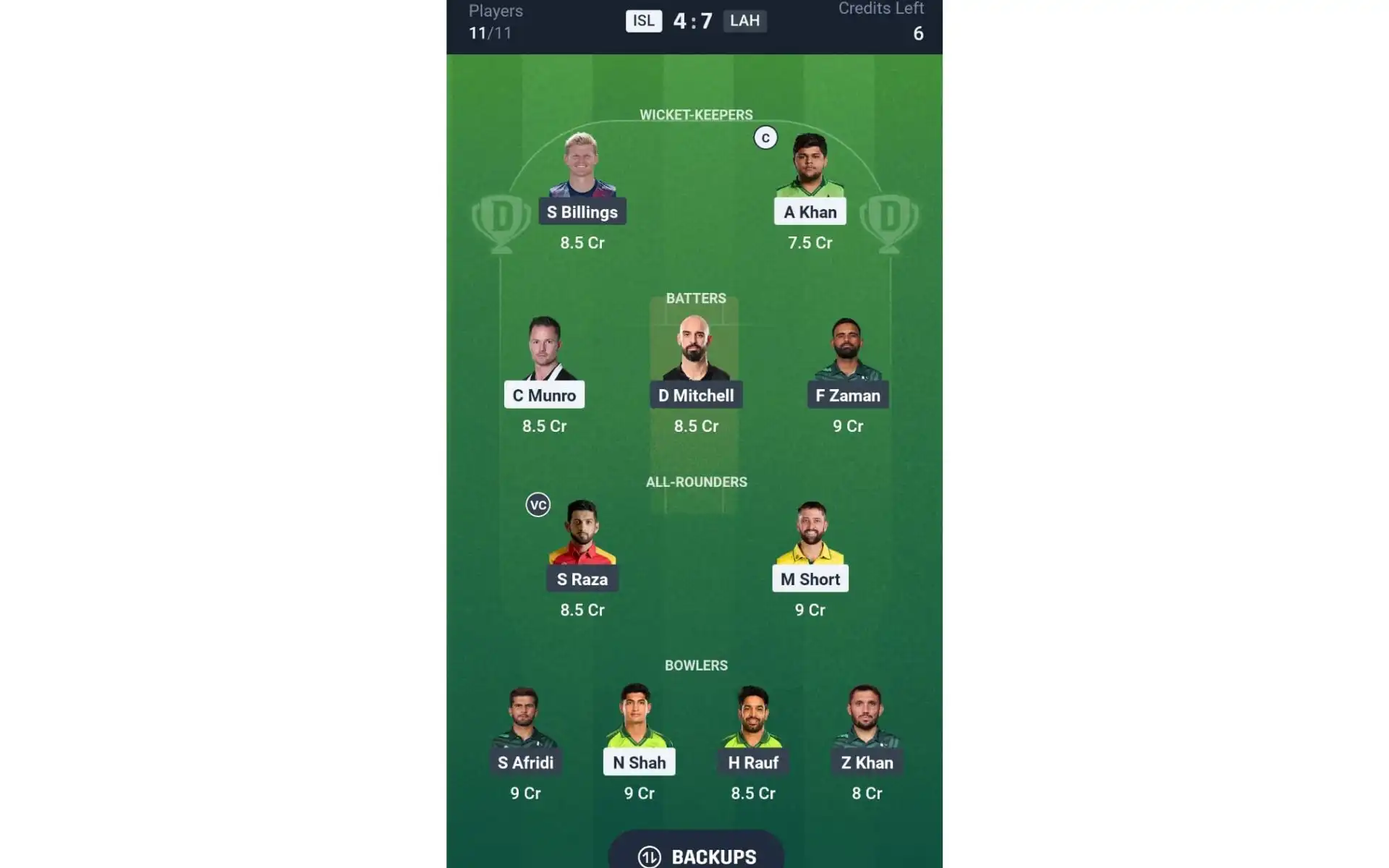 ISL vs LAH, Dream11 Team 2 [Source: @Dream11 App]
