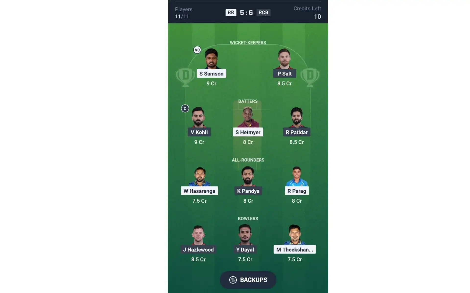 RR vs RCB, IPL 2025: Dream11 Team 1 [Source: @Dream11 App]