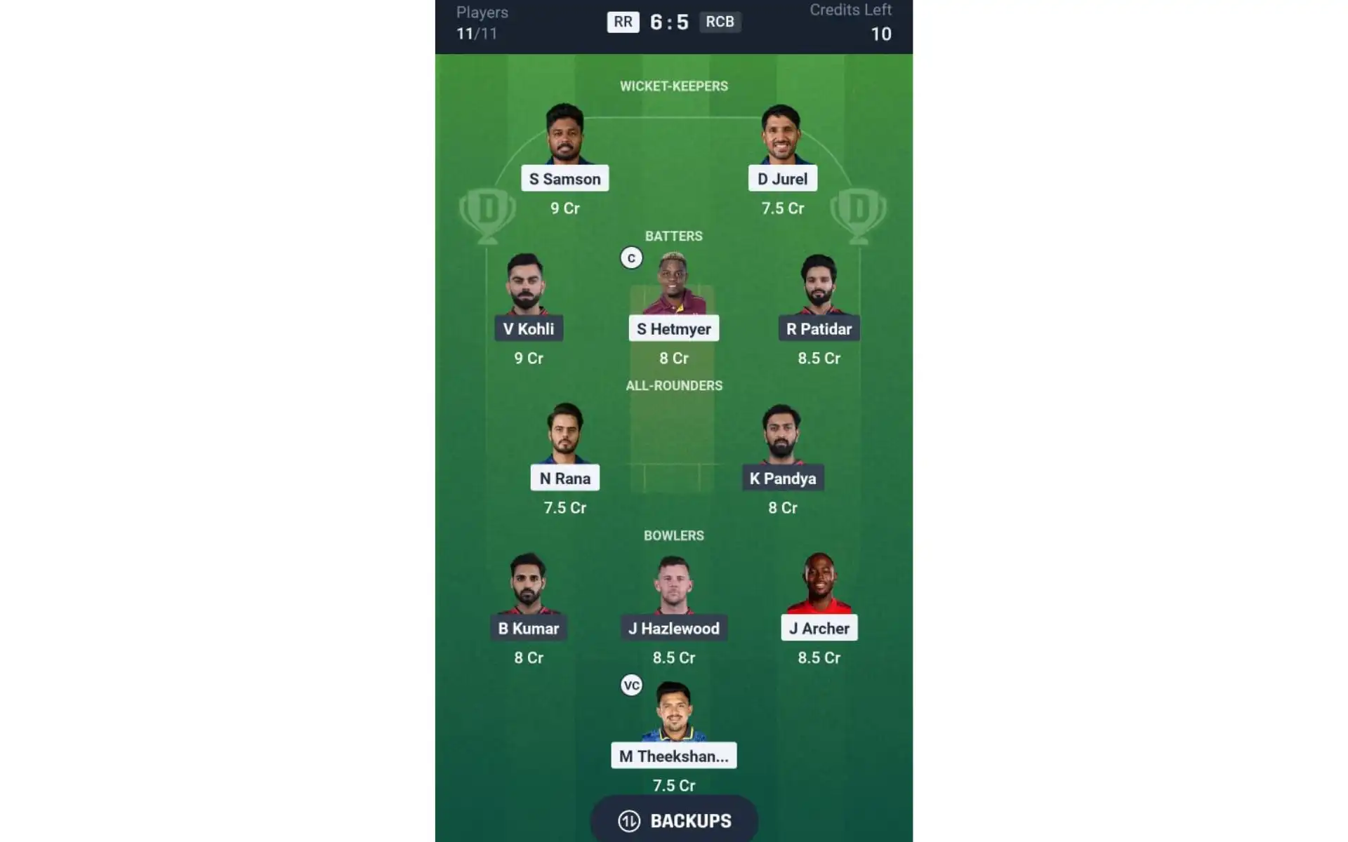 RR vs RCB, IPL 2025: Dream11 Team 2 [Source: @Dream11 App]