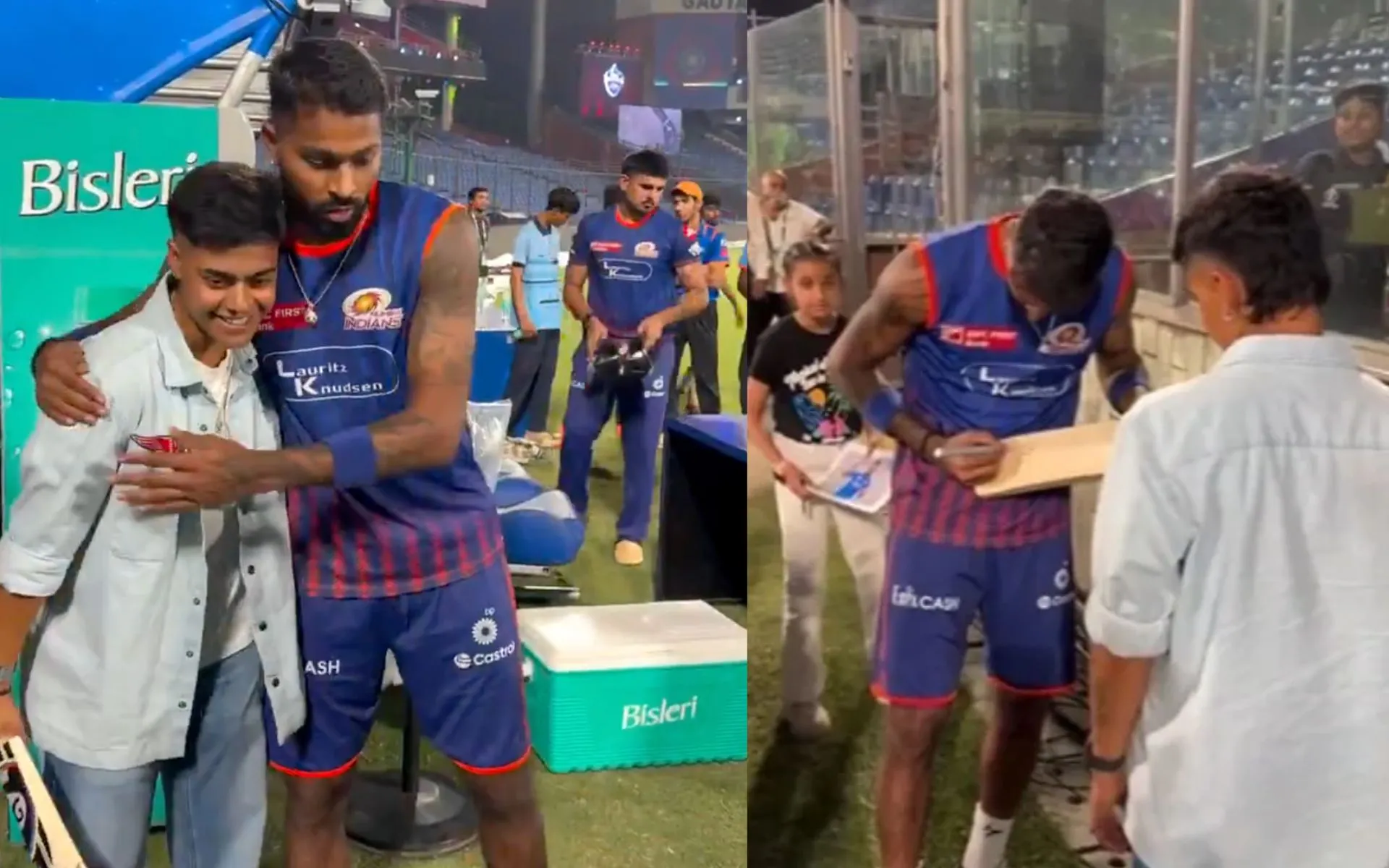Hardik Pandya gifts bat to Kashvee Gautam [Source: @CricCrazyJohns/X.com]