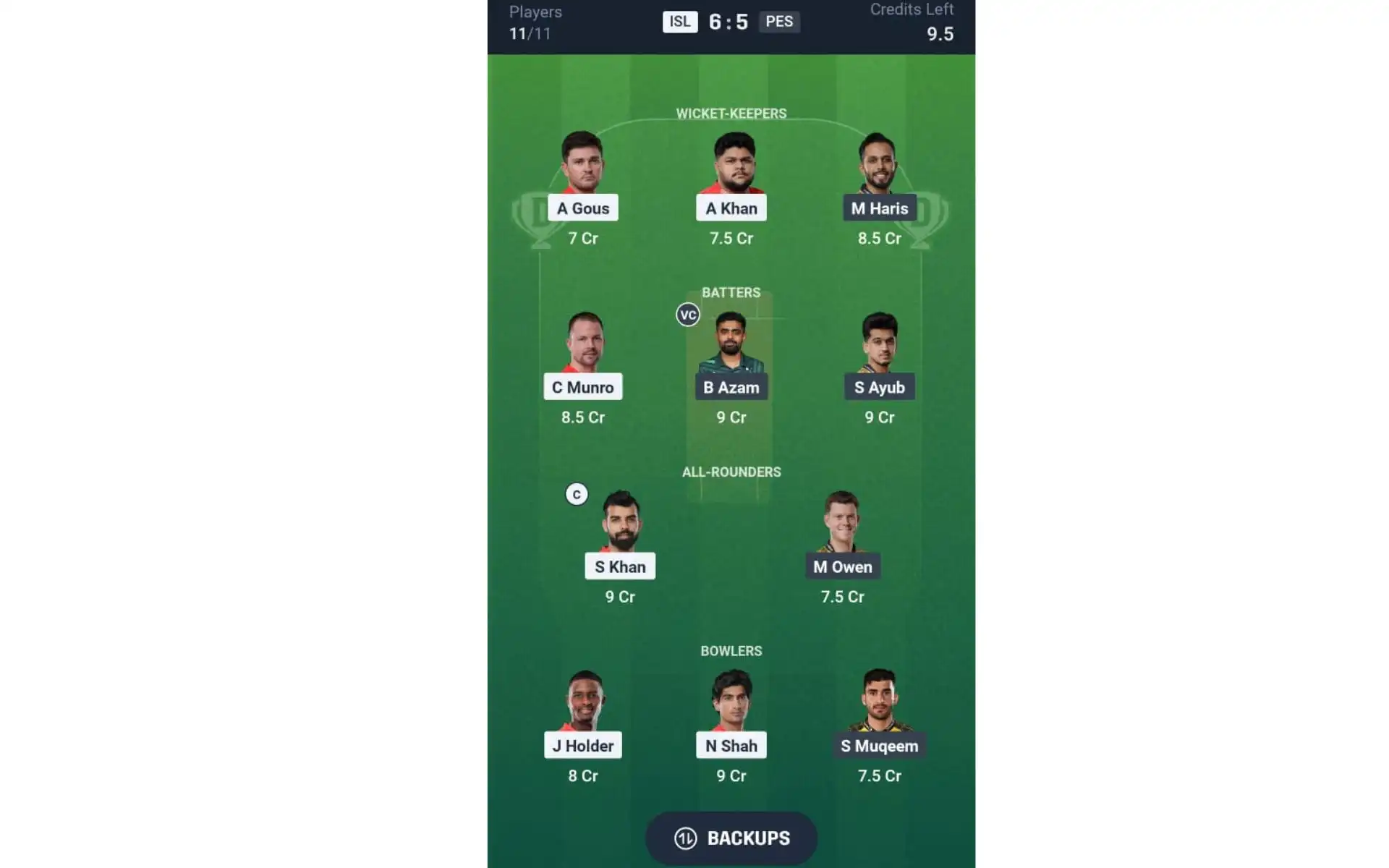 ISL vs PES, IPL 2025: Dream11 Team 1 [Source: @Dream11 App]