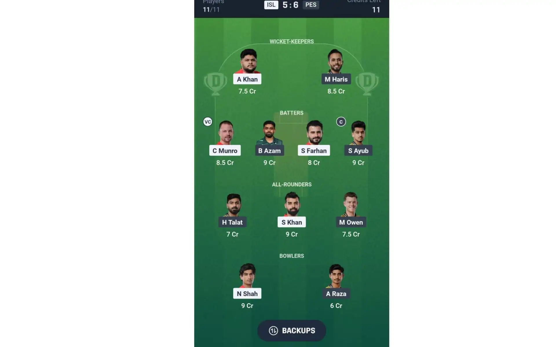 ISL vs PES, IPL 2025: Dream11 Team 2 [Source: @Dream11 App]