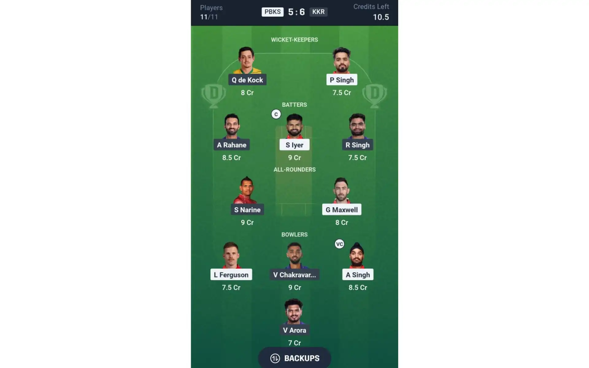 PBKS vs KKR, IPL 2025: Dream11 Team 1 [Source: @Dream11 App]