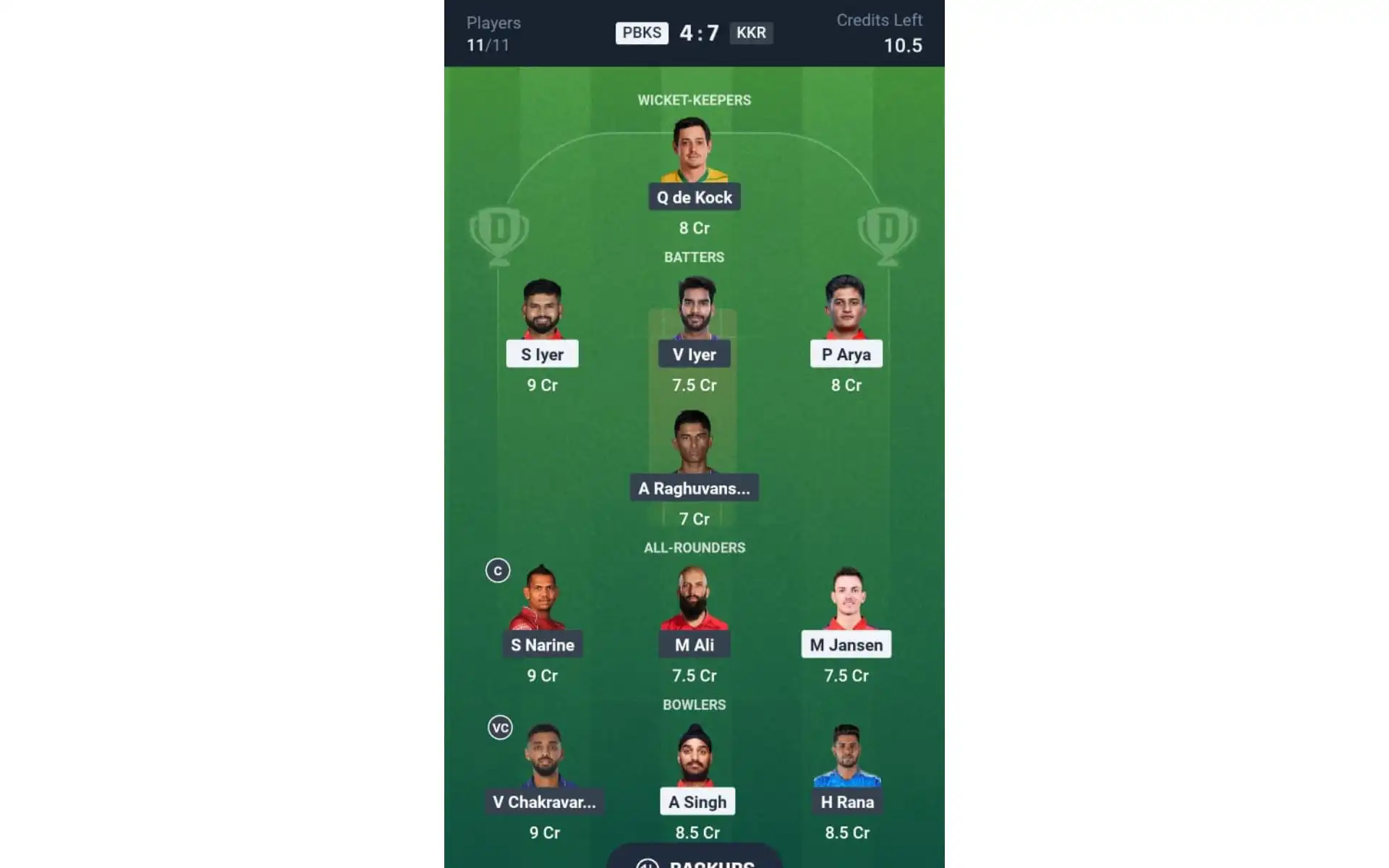 PBKS vs KKR, IPL 2025: Dream11 Team 2 [Source: @Dream11 App]