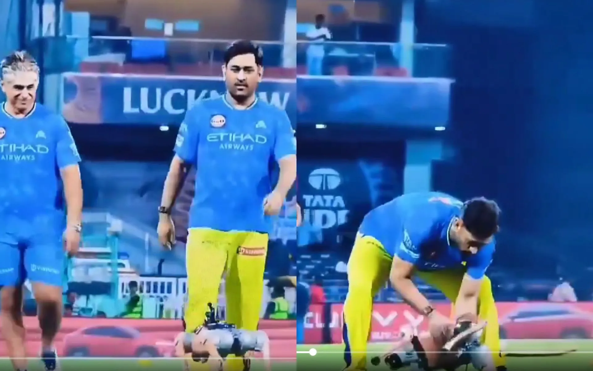 MS Dhoni's Iconic Face Off With Robotic Dog (Source: @TheIceMaster07/x.com)
