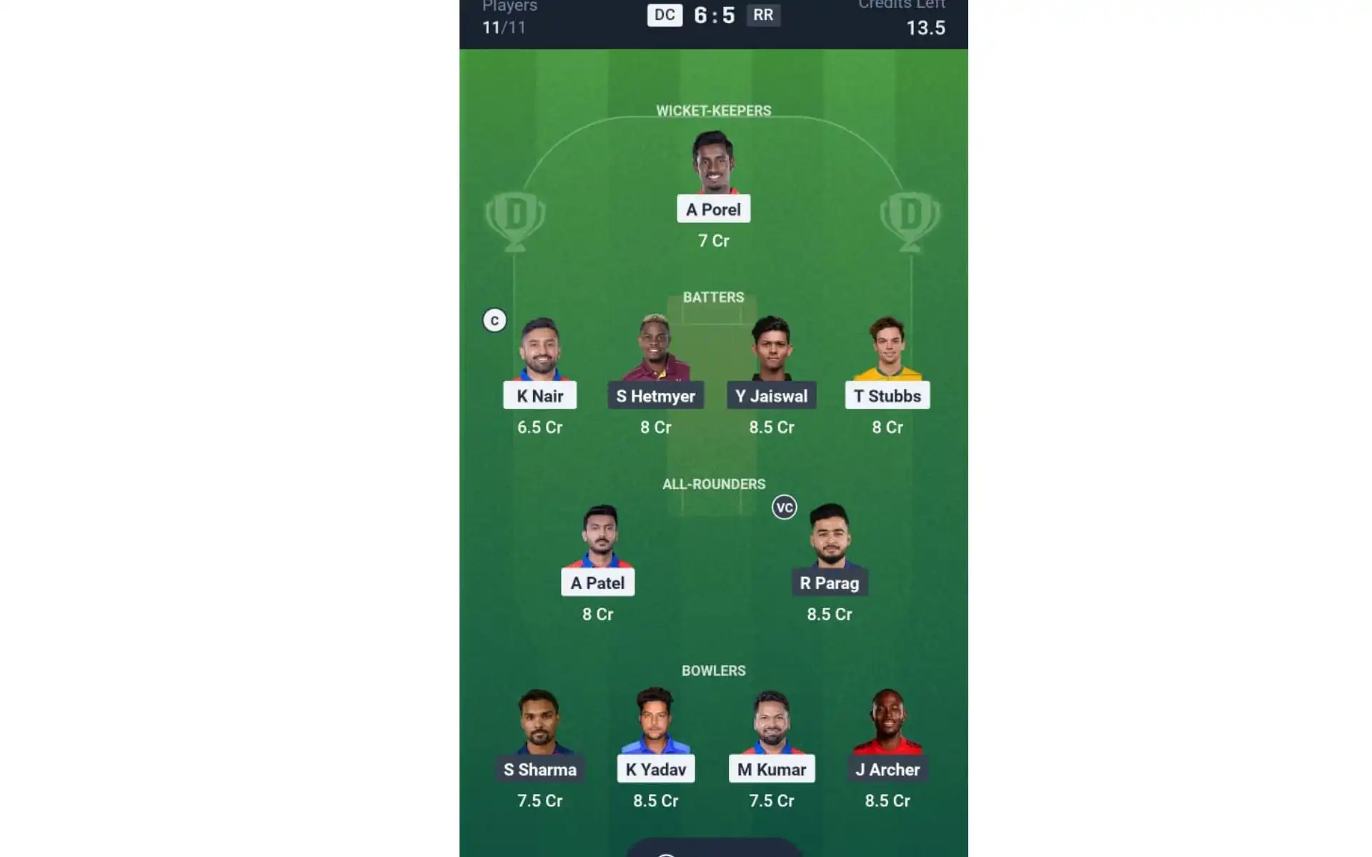 DC vs RR, IPL 2025: Dream11 Team 2 [Source: @Dream11 App]