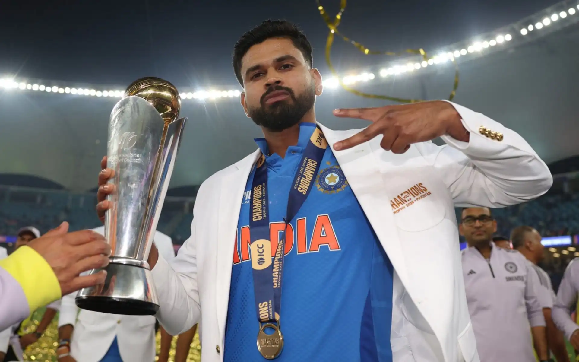 Shreyas Iyer with Champions Trophy [Source: @CricCrazyJohns/X]