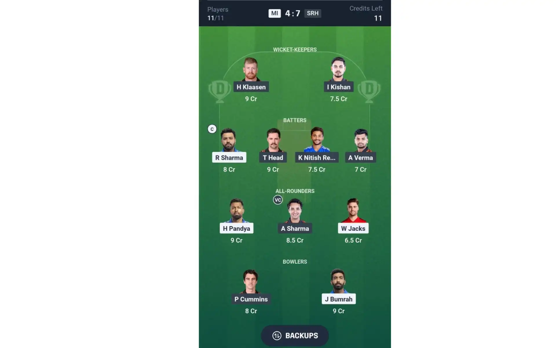 MI vs SRH, IPL 2025: Dream11 Team 2 [Source: @Dream11 App]