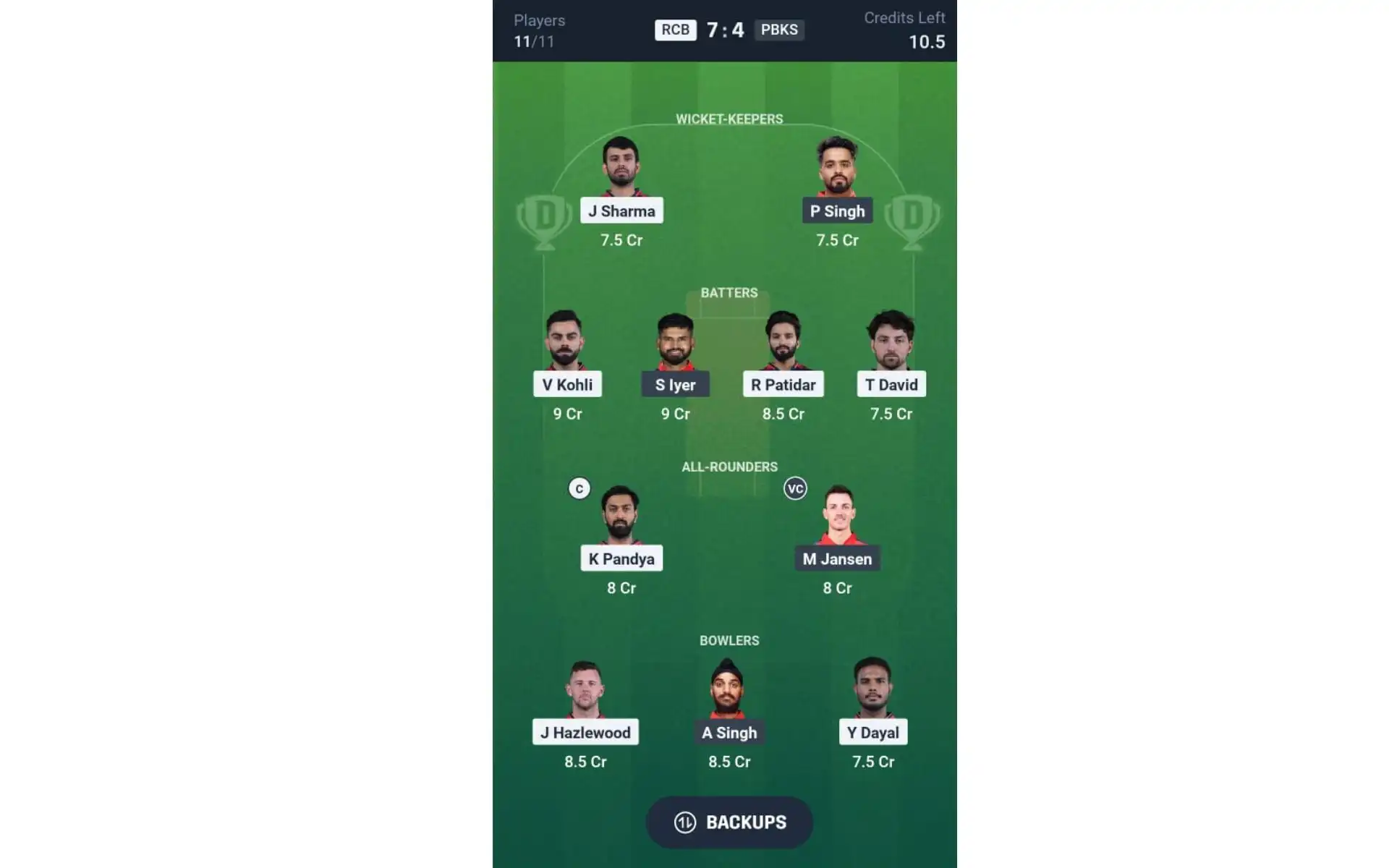 RCB vs PBKS, IPL 2025: Dream11 Team 2 [Source: @Dream11 App]