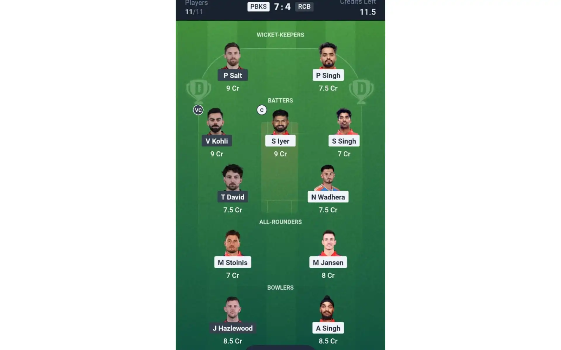 PBKS vs RCB, Dream11 Team 1 [Source: @Dream11 App]