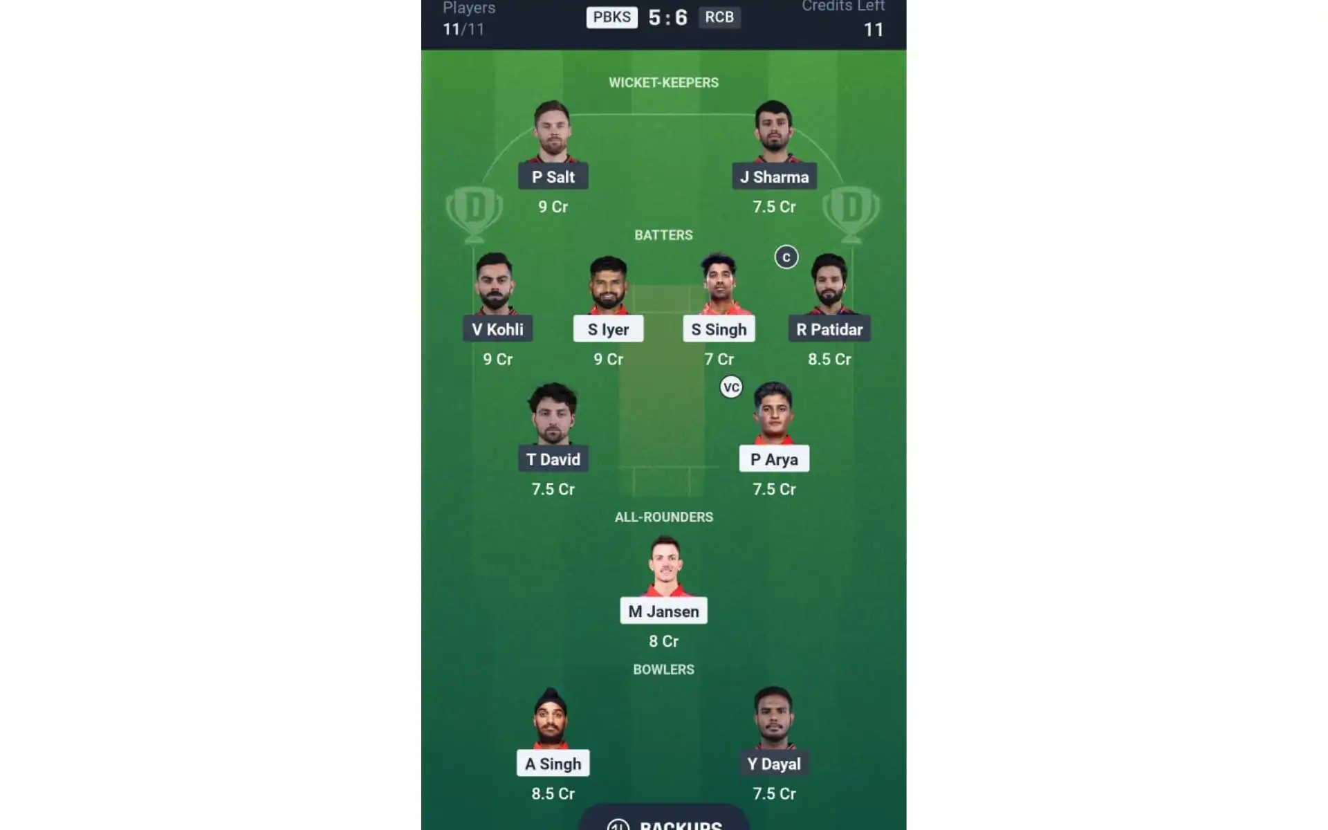 PBKS vs RCB, Dream11 Team 2 [Source: @Dream11 App]