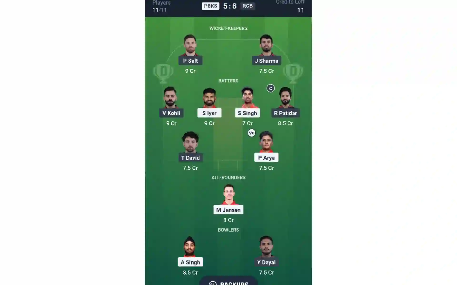PBKS vs RCB, Dream11 Team 2 [Source: @Dream11 App]