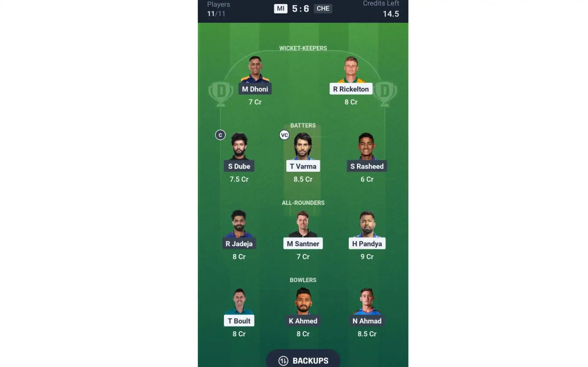 MI vs CSK, Dream11 Team 2 [Source: @Dream11 App]