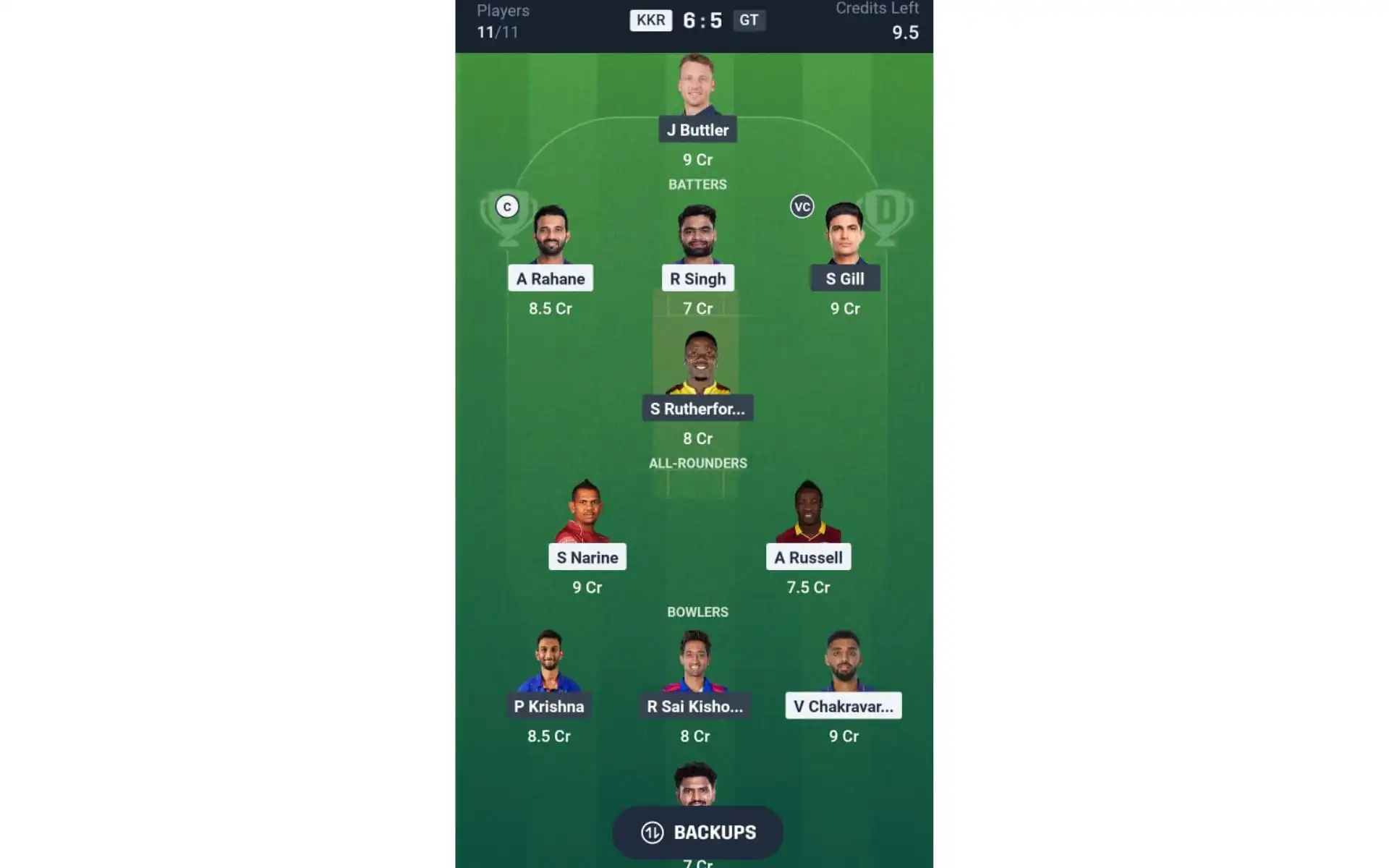 KKR vs GT, IPL 2025: Dream11 Team 1 [Source: Dream11 App]