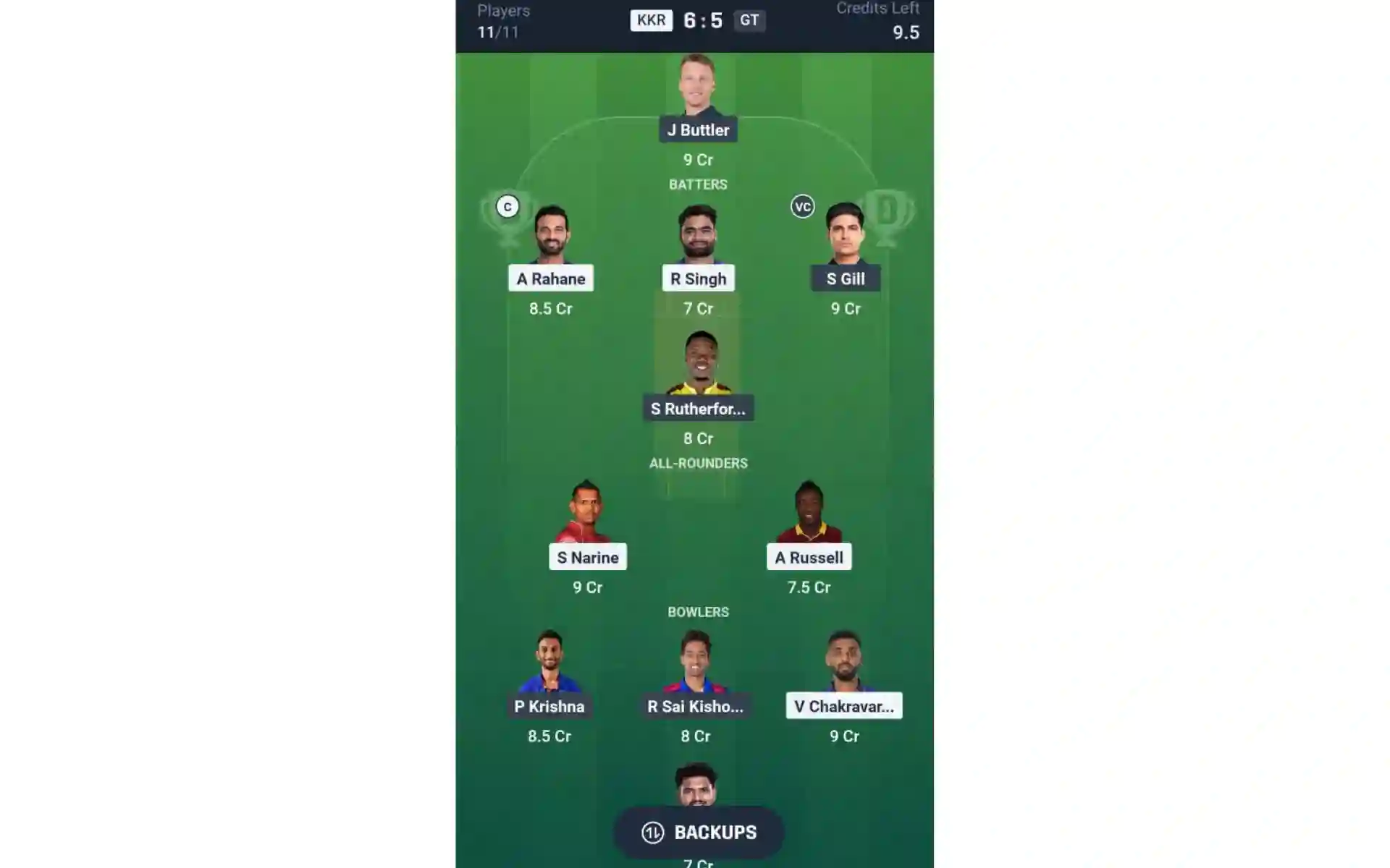 KKR vs GT, IPL 2025: Dream11 Team 1 [Source: Dream11 App]