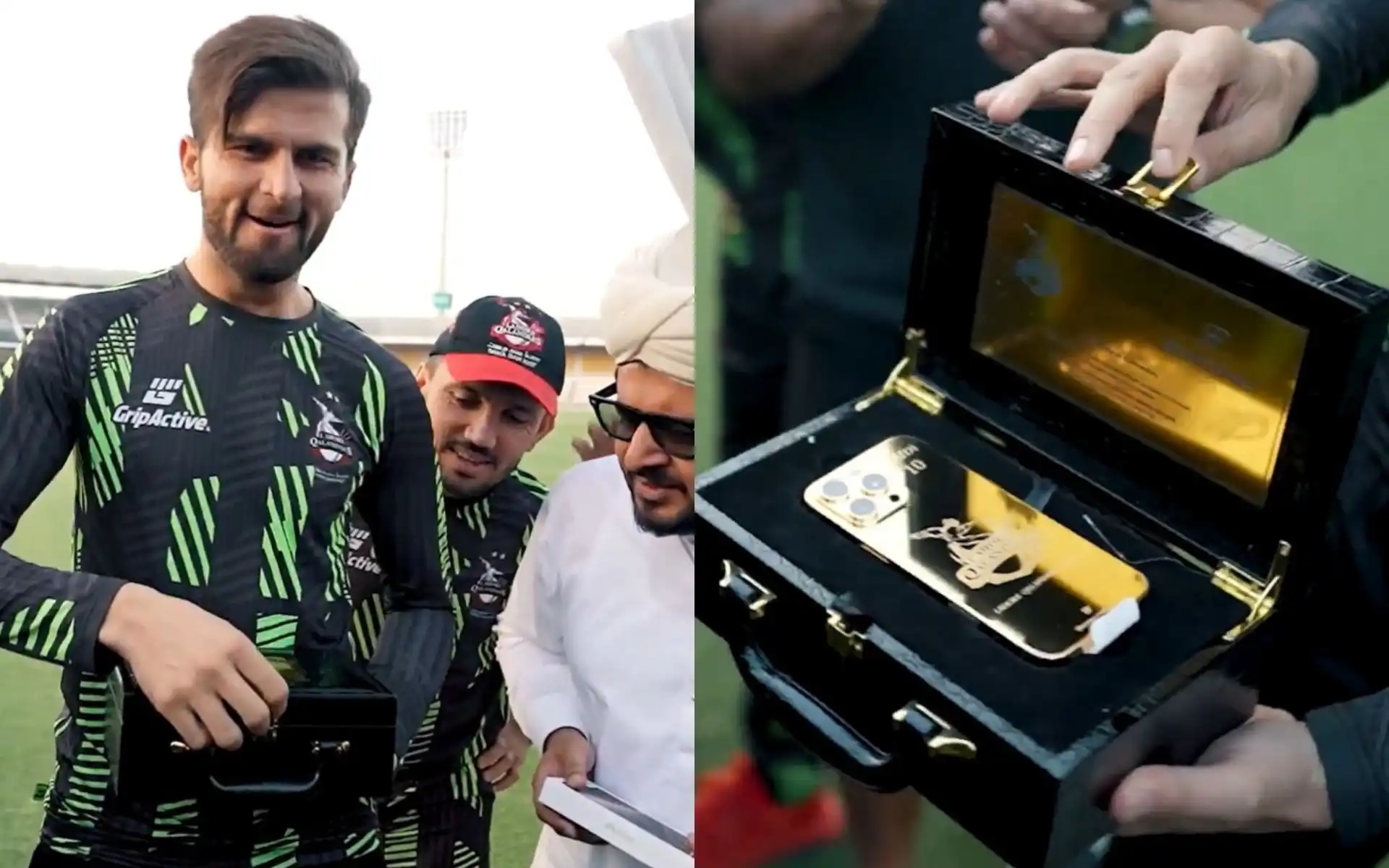 Shaheen Afridi with his iPhone [Source: @lahoreqalandars/x]