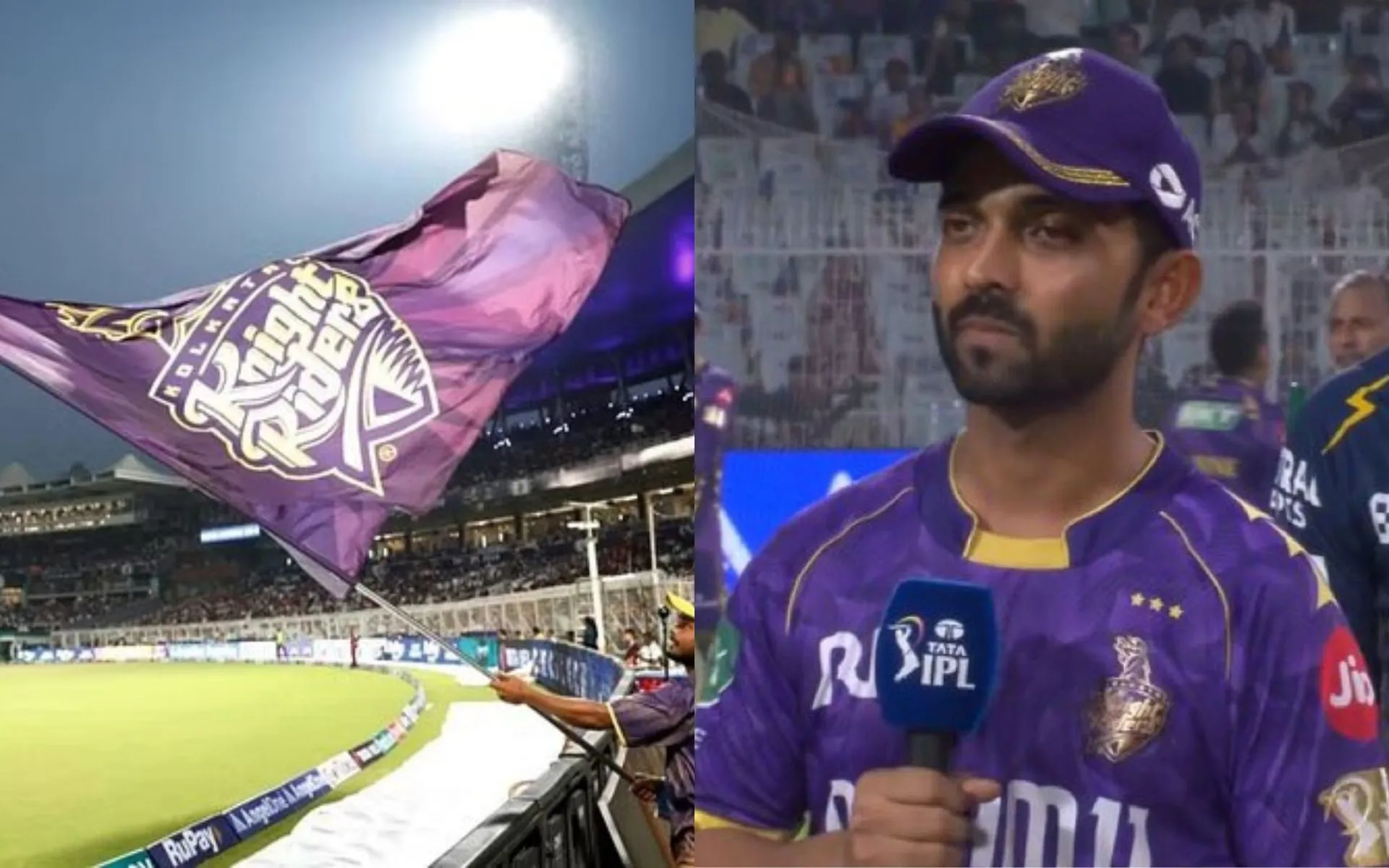 Eden Gardens and Ajinkya Rahane [Source: @KKRWeRule, @Yashwant_Saroha/x]