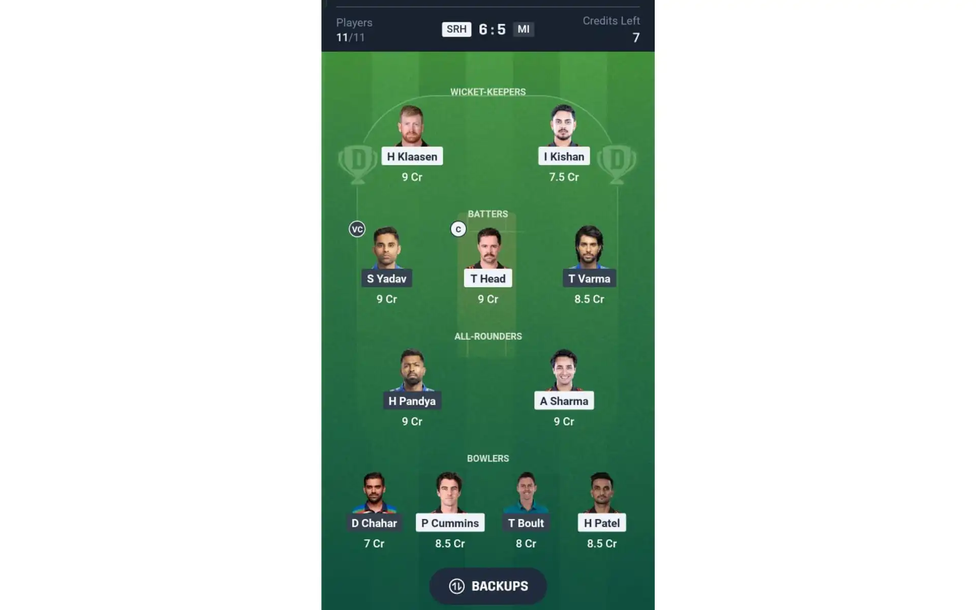SRH vs MI, Dream11 Team 1 [Source: @Dream11 App]