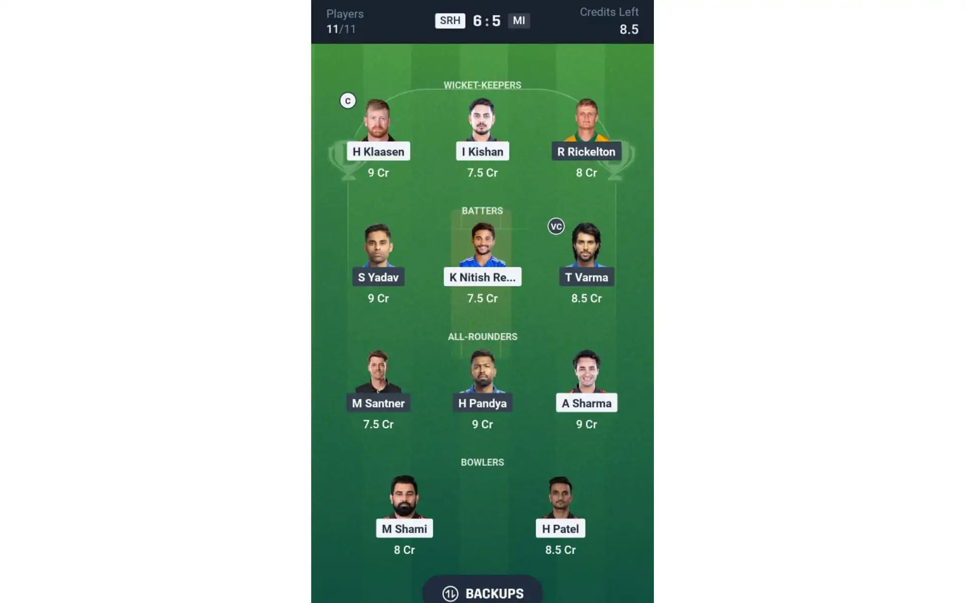 SRH vs MI, Dream11 Team 2 [Source: @Dream11 App]