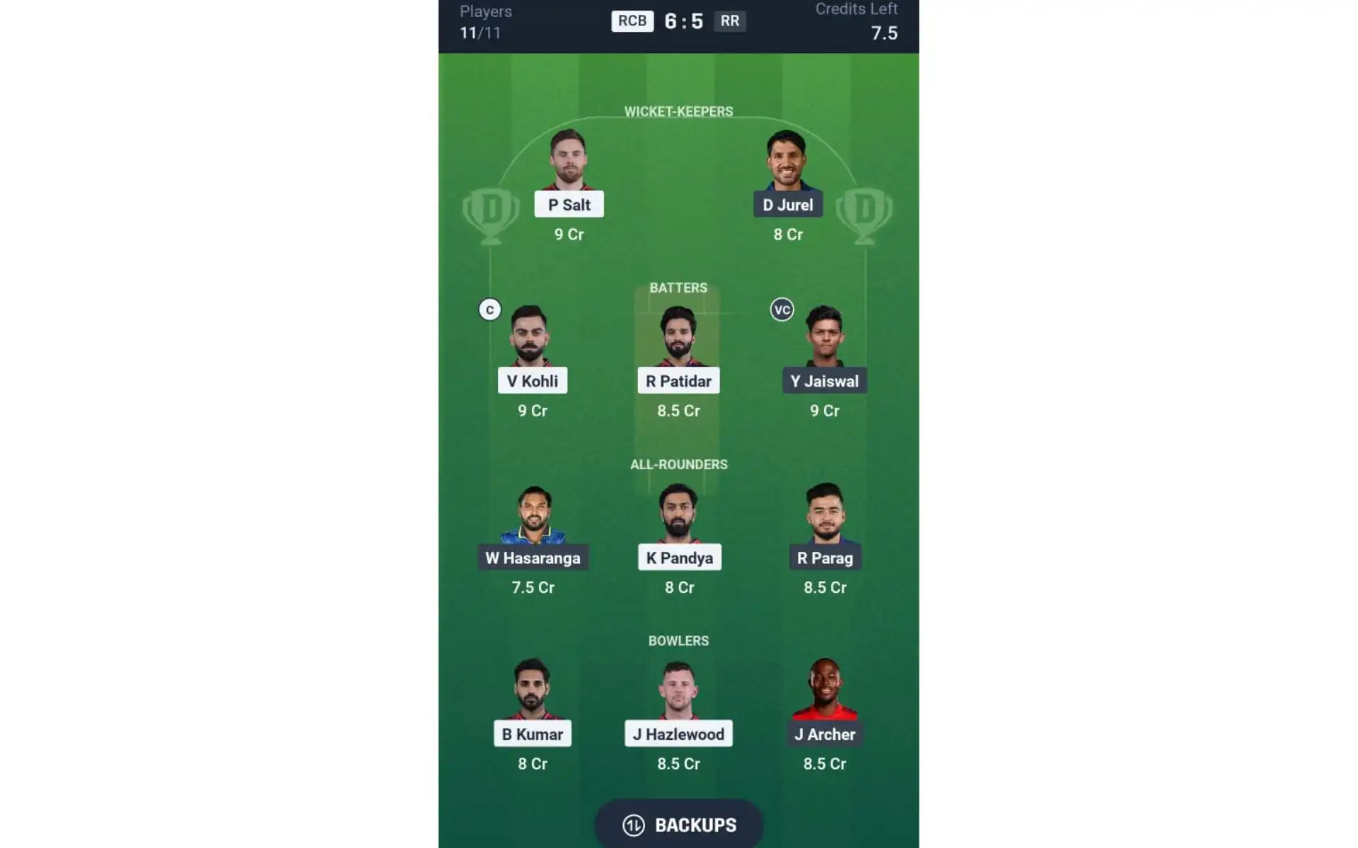 RCB vs RR, Dream11 Team 1 [Source: @Dream11 App]