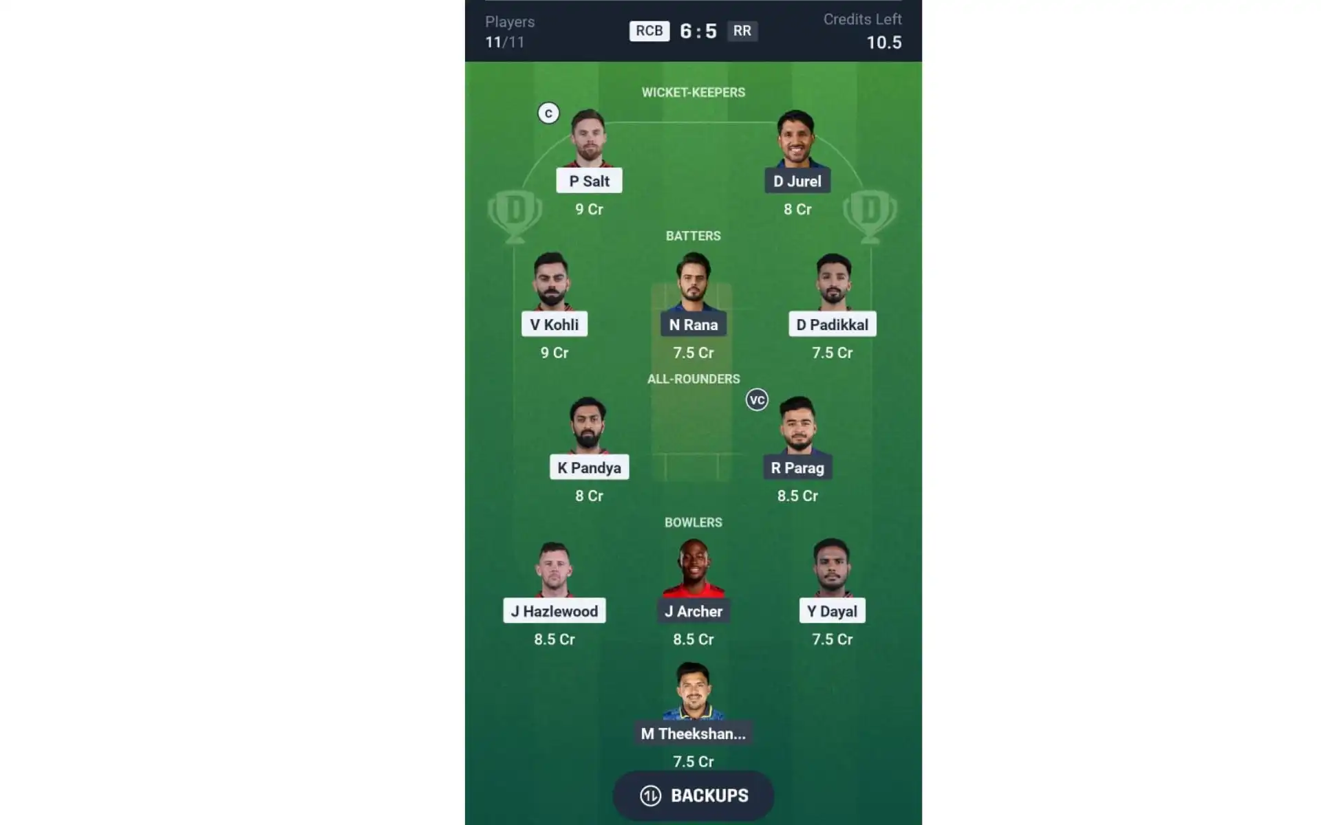 RCB vs RR, Dream11 Team 2 [Source: @Dream11 App]