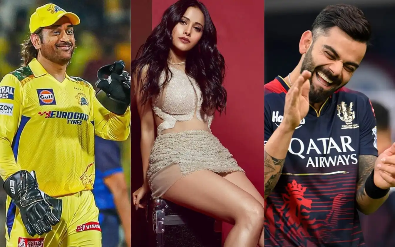 MS Dhoni, Nushrat Bharucha and Virat Kohli [Source: @JunaidKhanation/X]