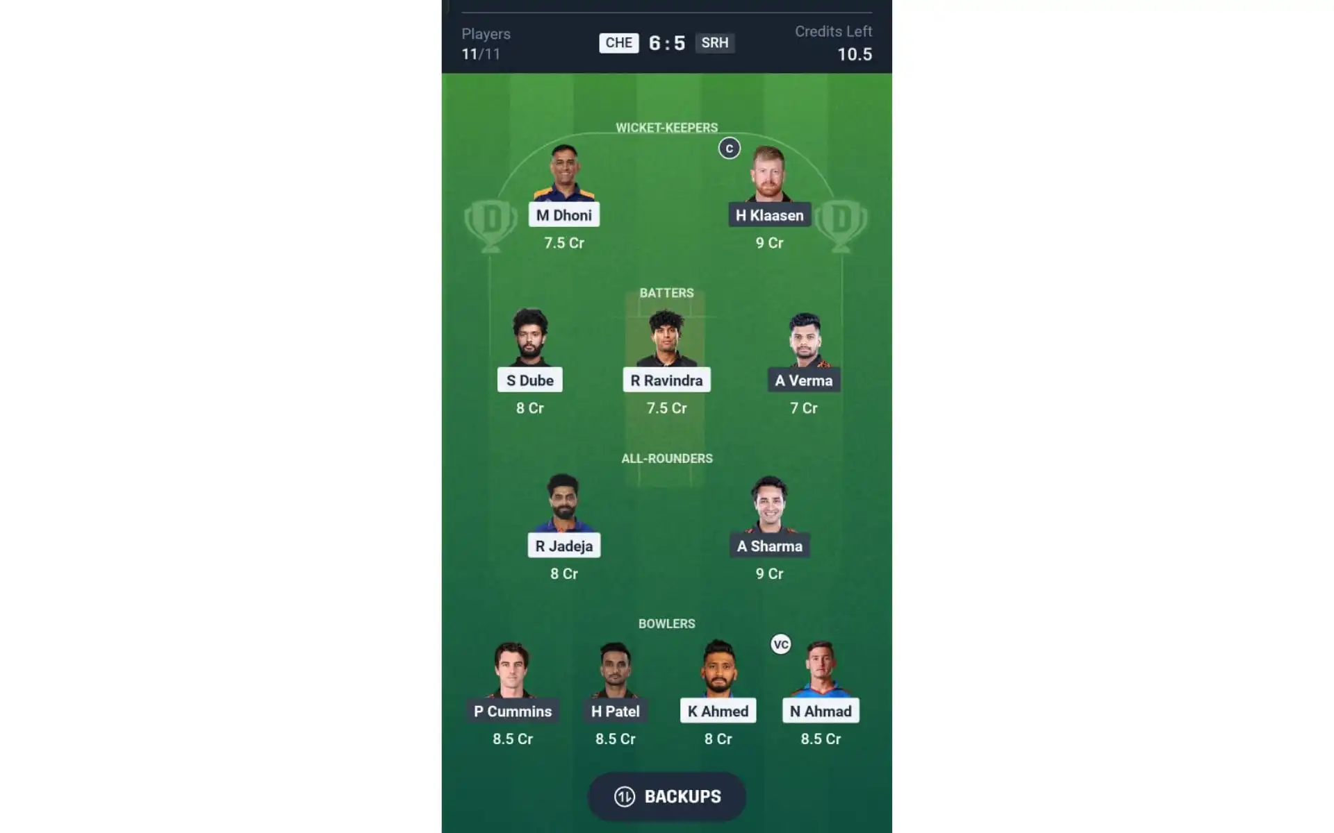 CSK vs SRH, Dream11 Team 1 [Source: @Dream11 App]