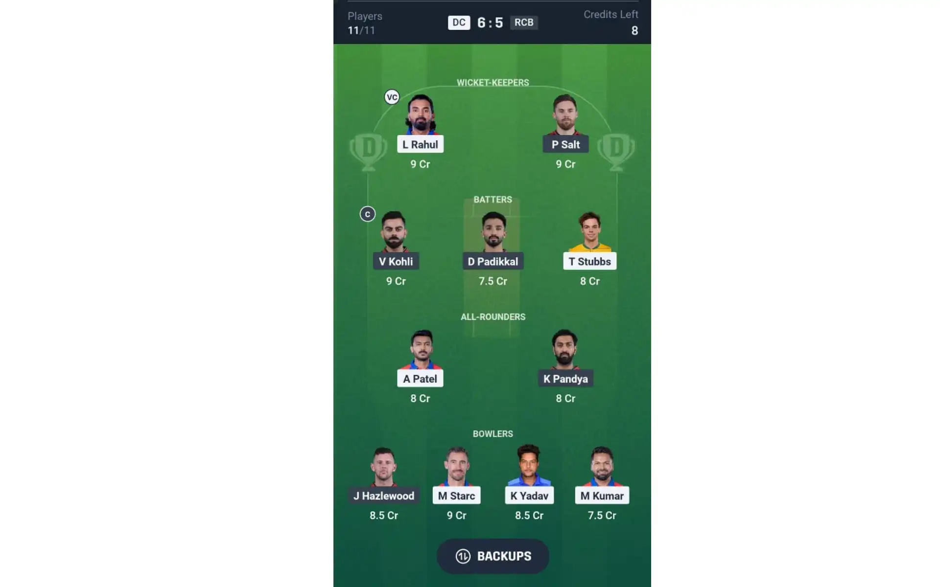 DC vs RCB, IPL 2025: Dream11 Team 1 [Source: @Dream11 App]