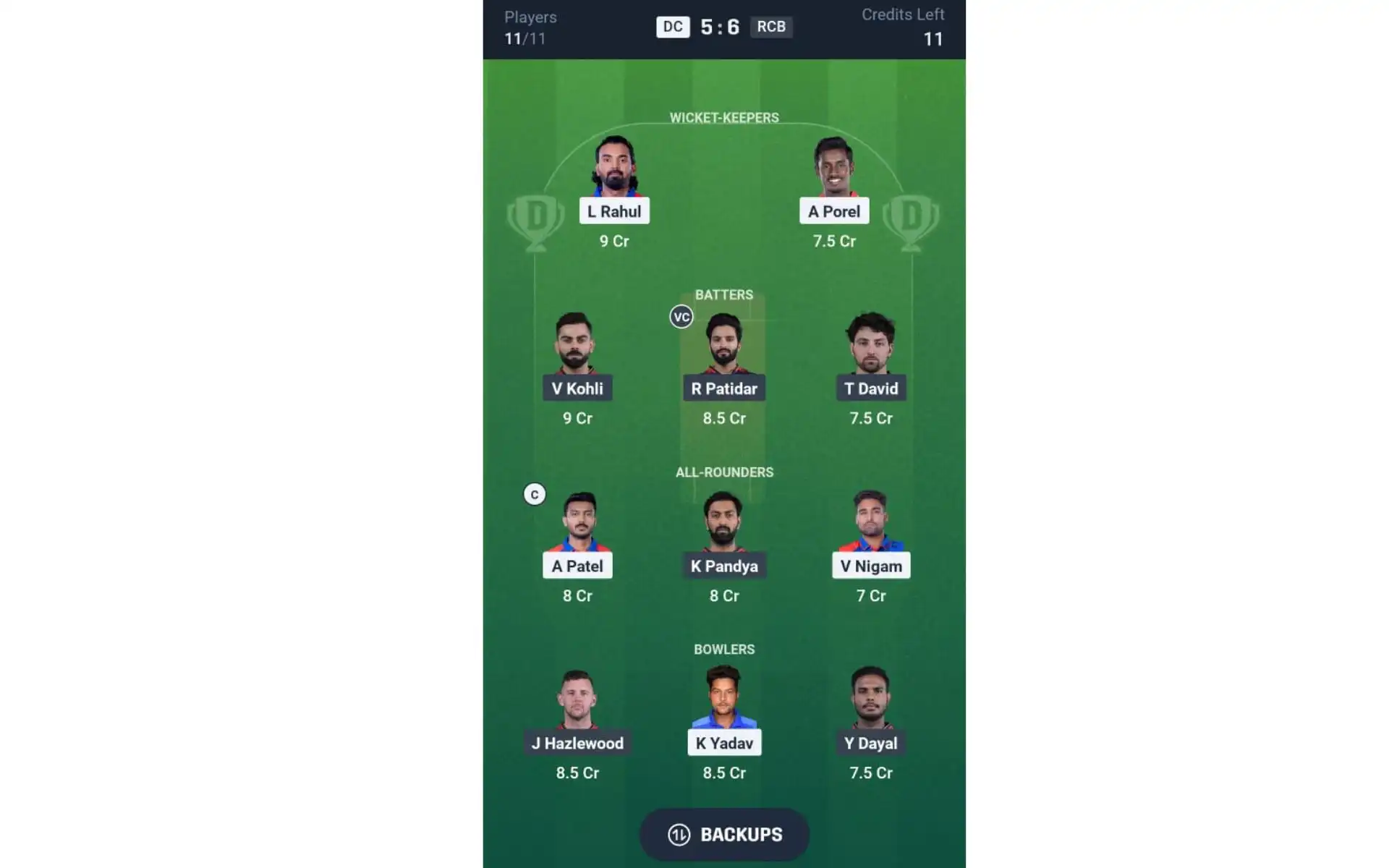 DC vs RCB, IPL 2025: Dream11 Team 2 [Source: @Dream11 App]