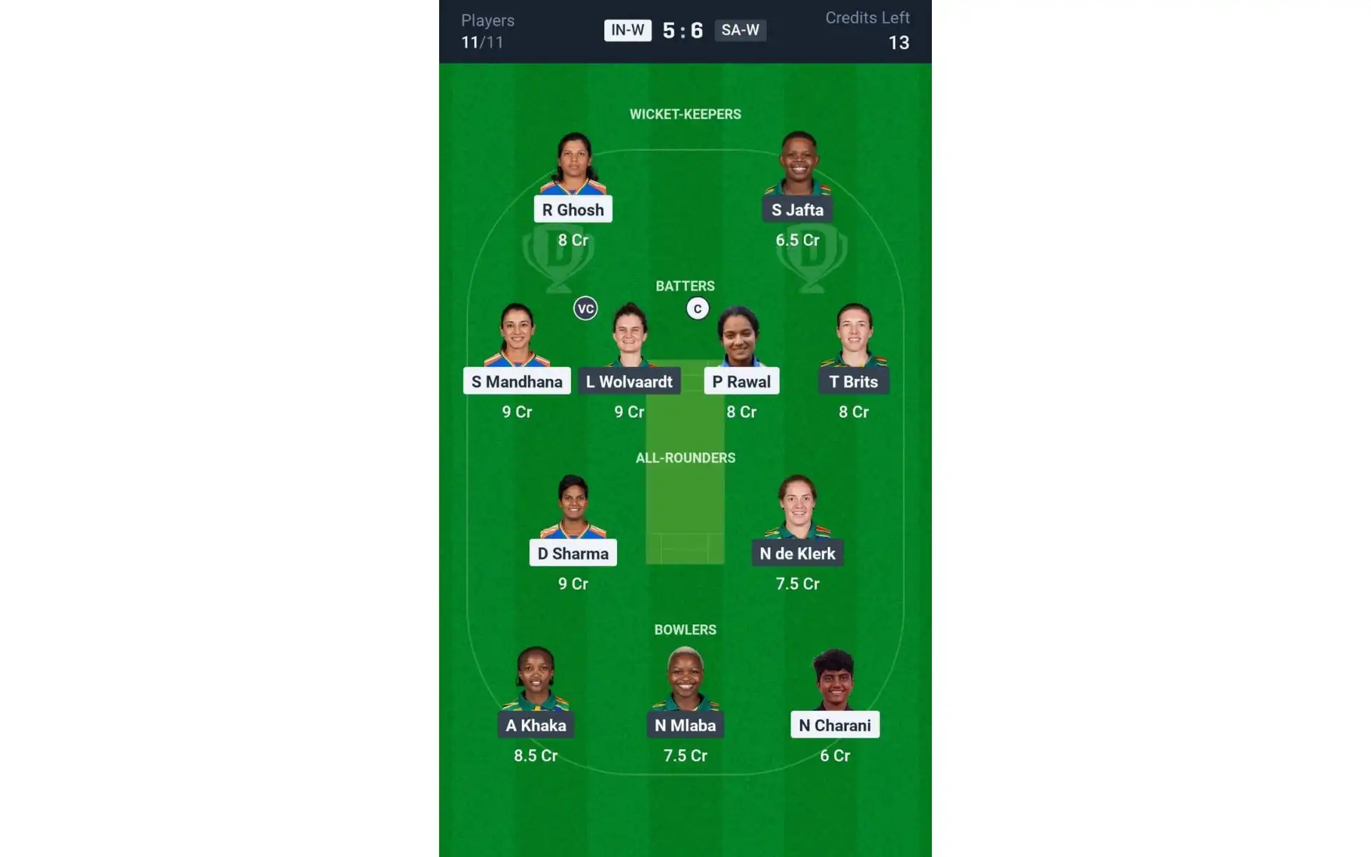 IN-W vs SA-W, Women's Tri-Series 2025: Dream11 Team 1 [Source: @Dream11 App]