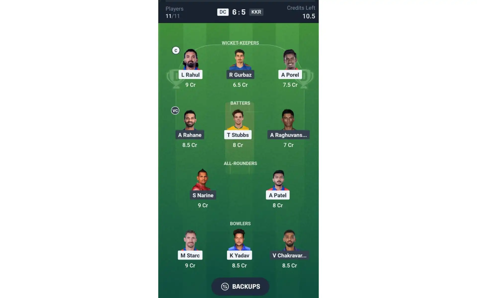 DC vs KKR, Dream 11 Team 1 [Source: @Dream11 App]