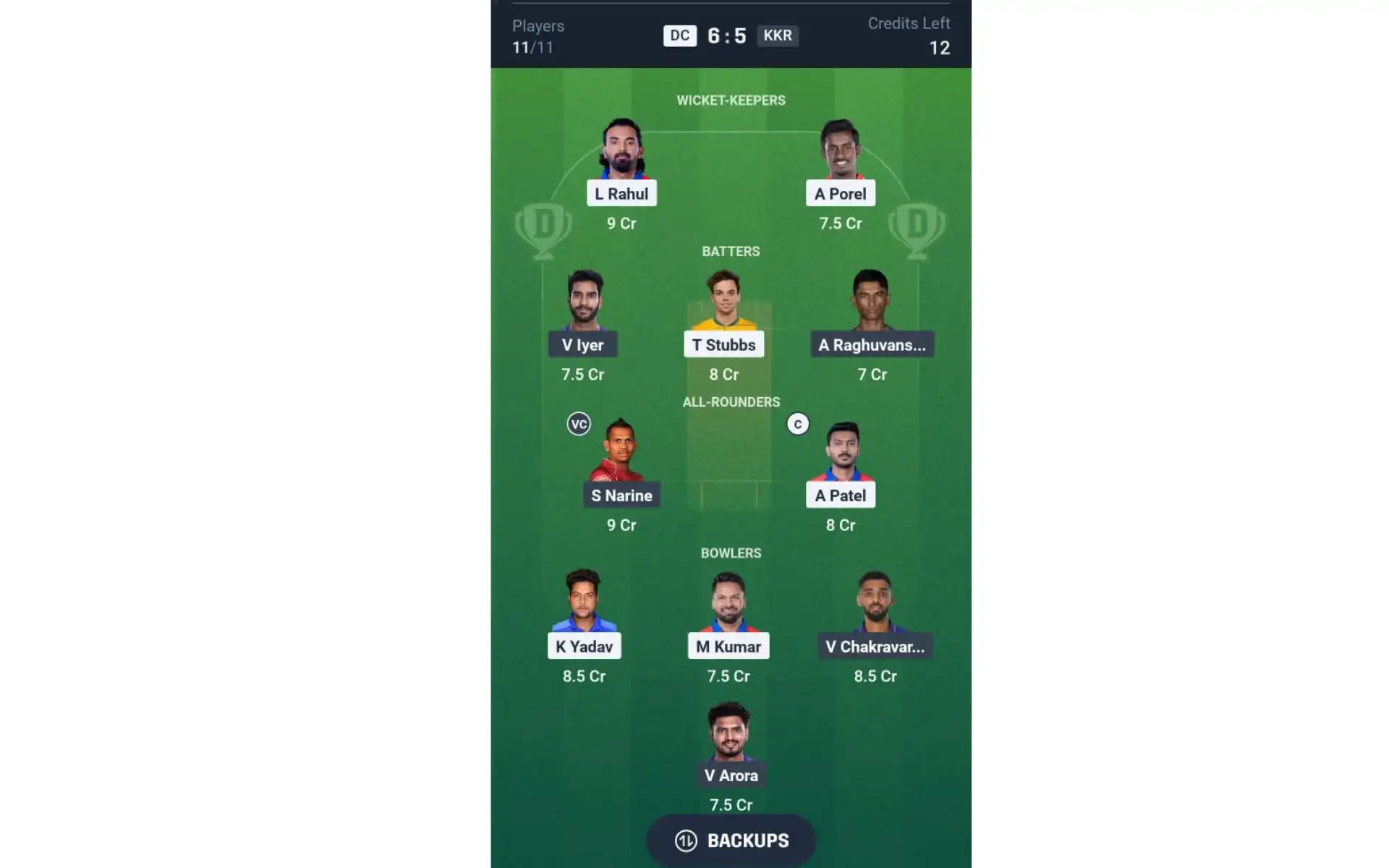 DC vs KKR, Dream 11 Team 2 [Source: @Dream11 App]