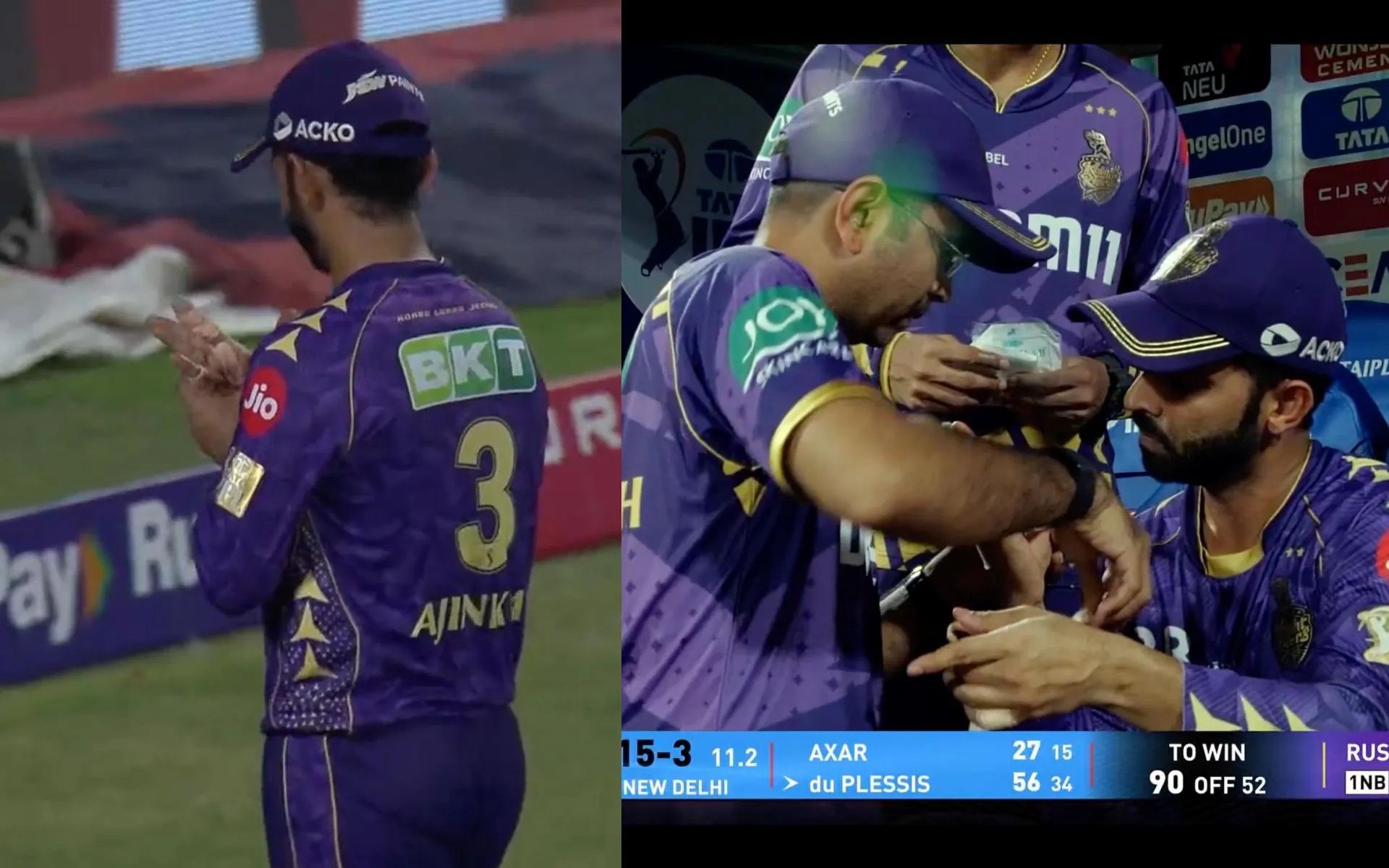 Ajinkya Rahane injury vs DC (Source: OneCricketApp/X.com)