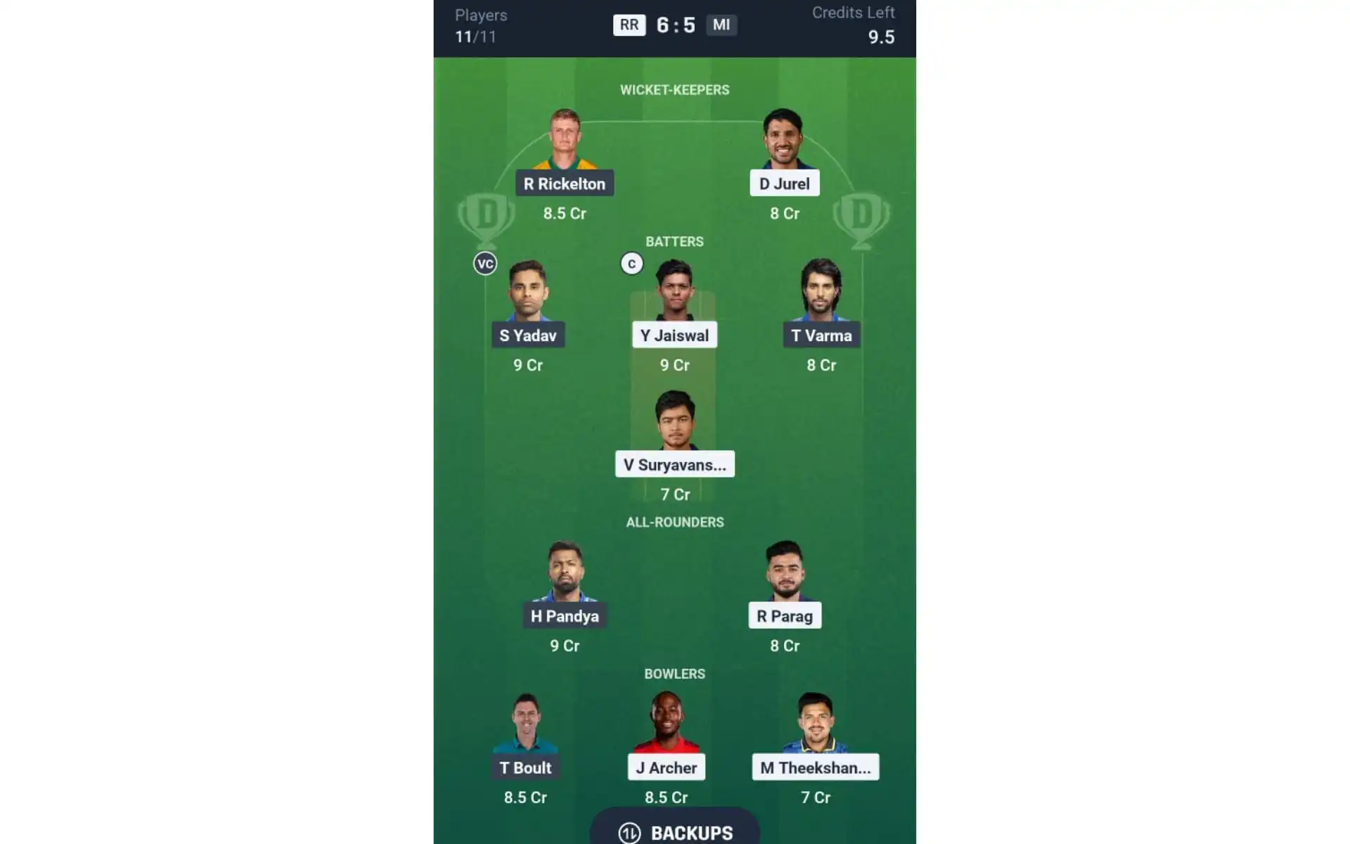 RR vs MI, Dream11 Team 1 [Source: @Dream11 App]
