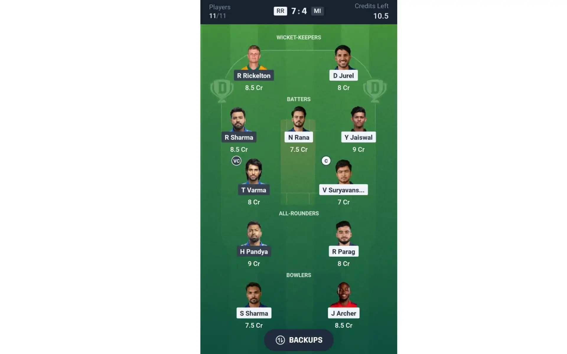 RR vs MI, Dream11 Team 2 [Source: @Dream11 App]