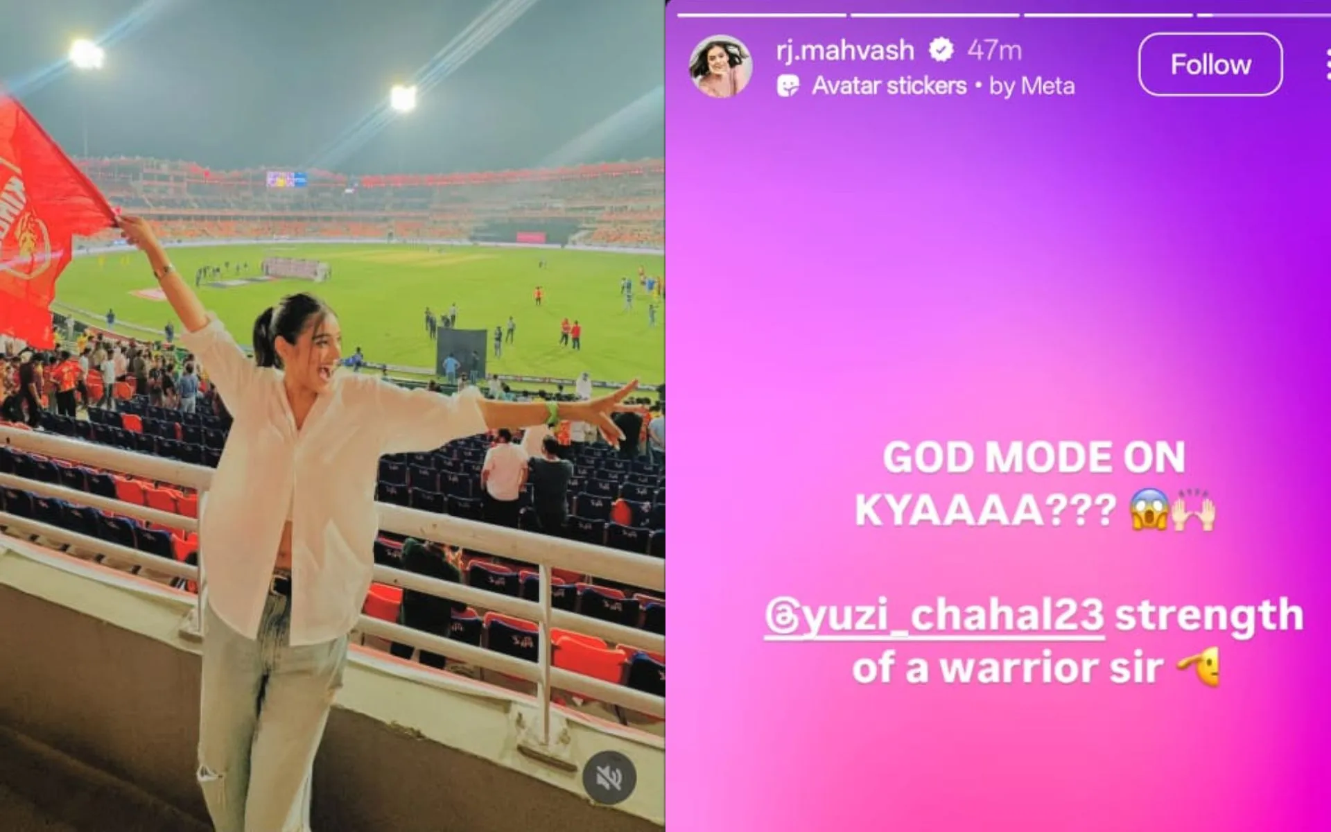 RJ Mahvash supporting PBKS and sharing status for Yuzi Chahal [Source: rj.mahvash/@instagram.com]