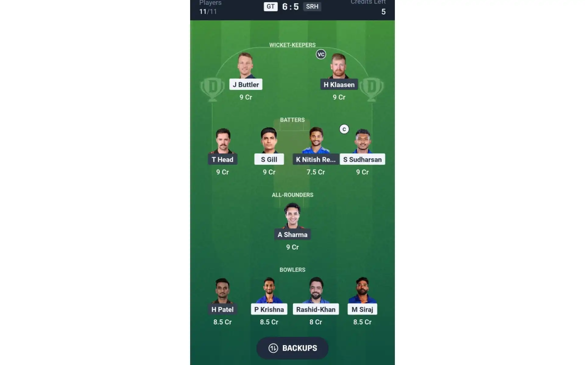 GT vs SRH, Dream11 Team 1 [Source: @Dream11 App]