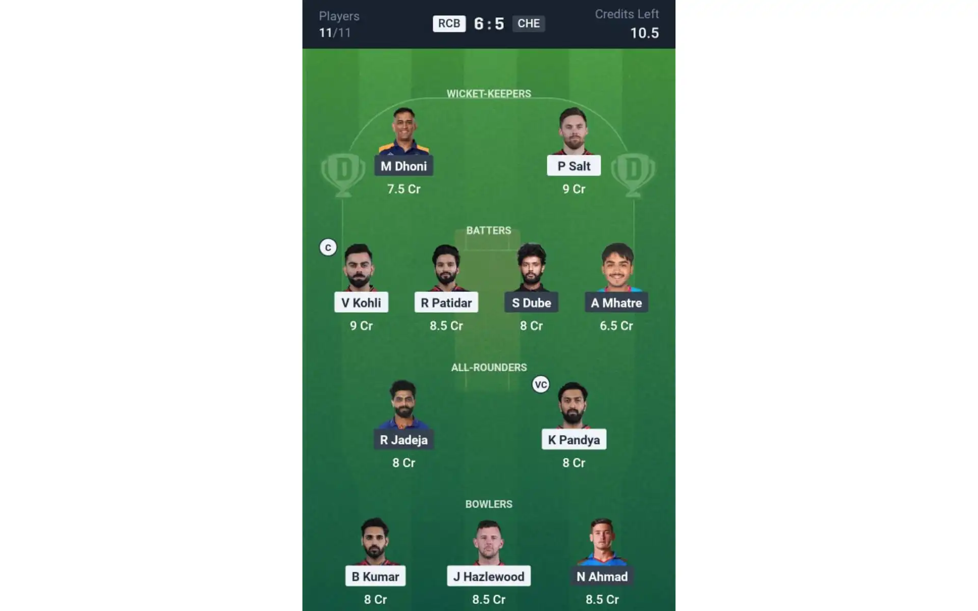 RCB vs CSK, Dream11 Team 1 [Source: @Dream11 App]