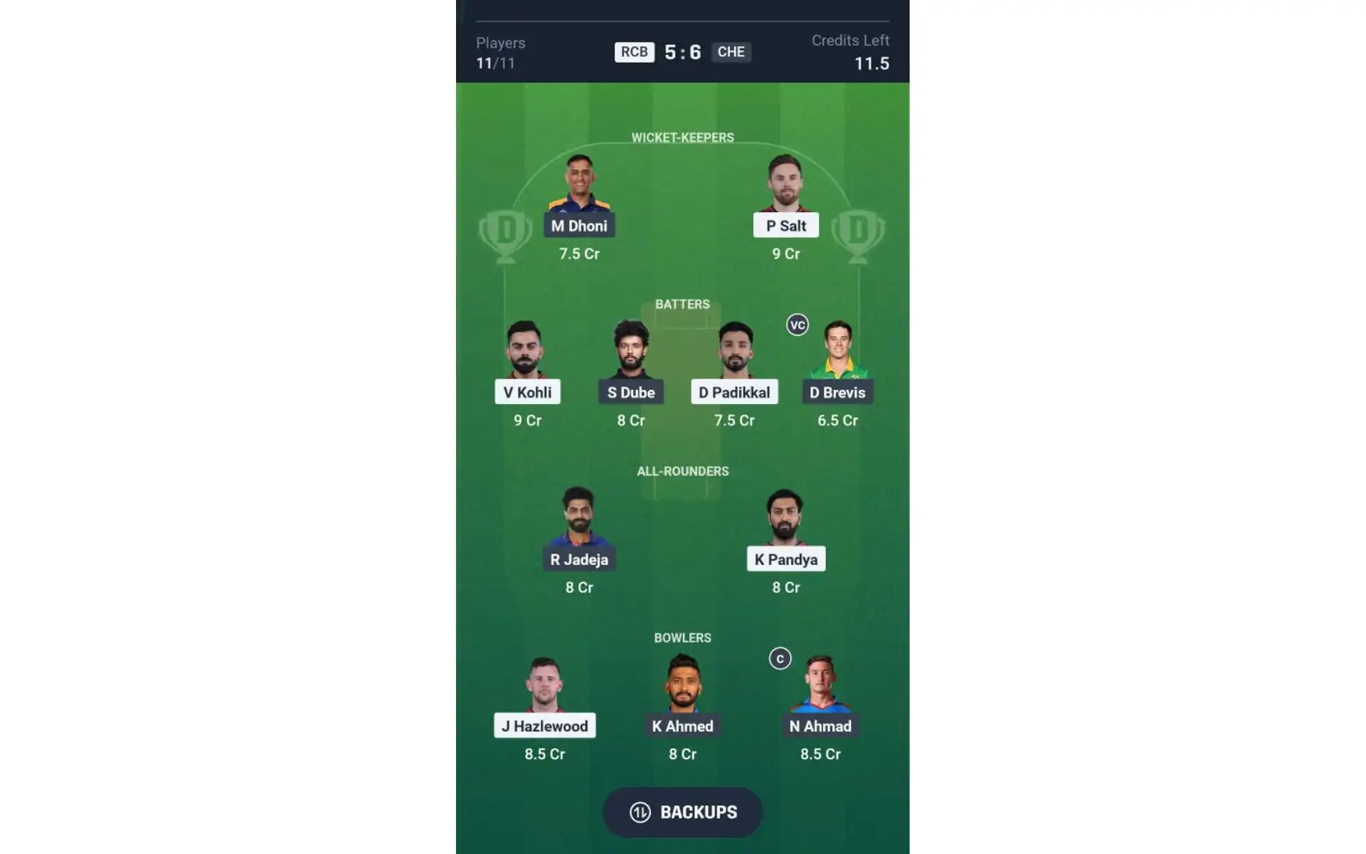 RCB vs CSK, Dream11 Team 2 [Source: @Dream11 App]