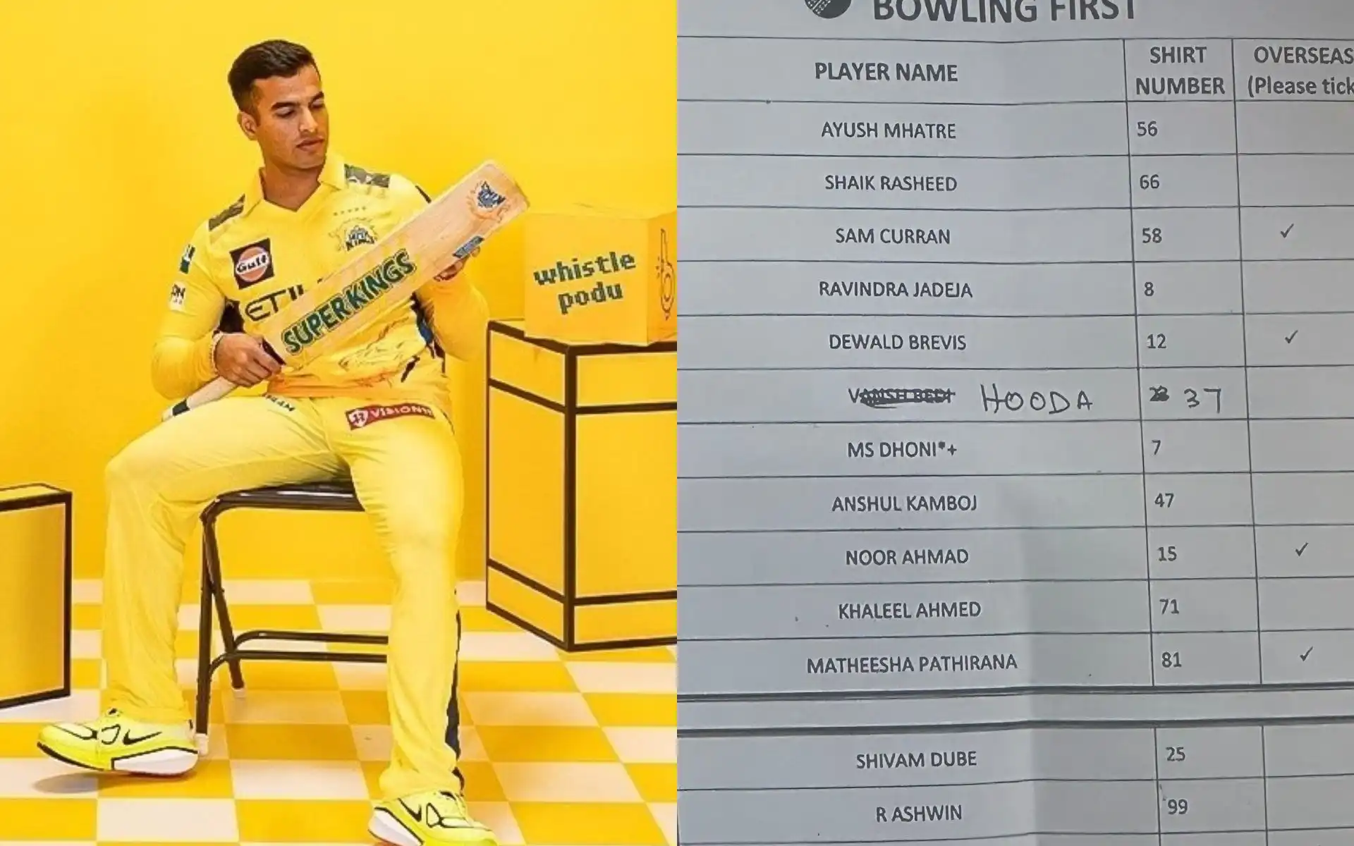 Vansh Bedi was to play for CSK against RCB [Source: @ShuhidAufridi, @SergioCSKK/x.com]