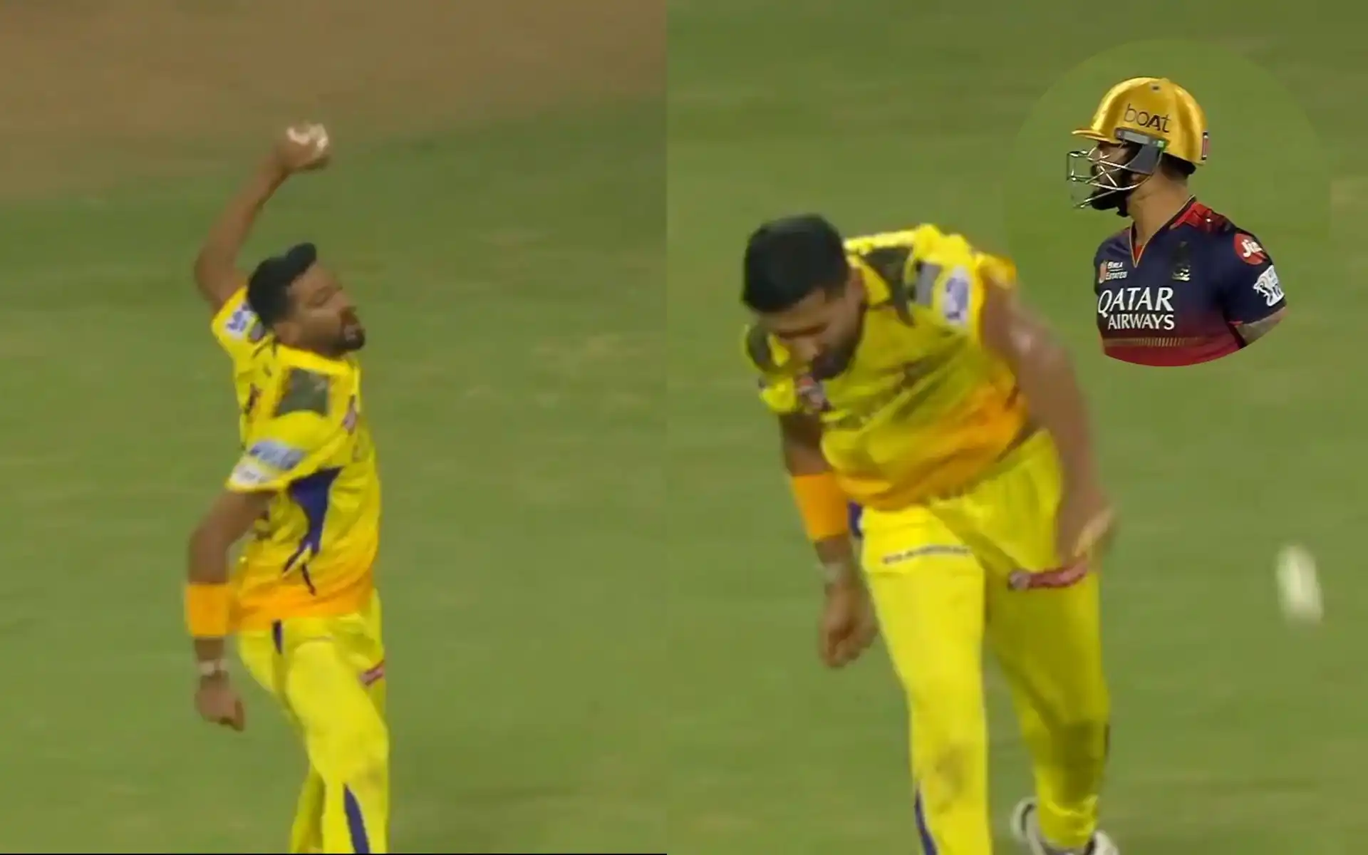 Khaleel Ahmed shows the ball in anger after taking Kohli's catch [Source: @MSDian067/x.com]